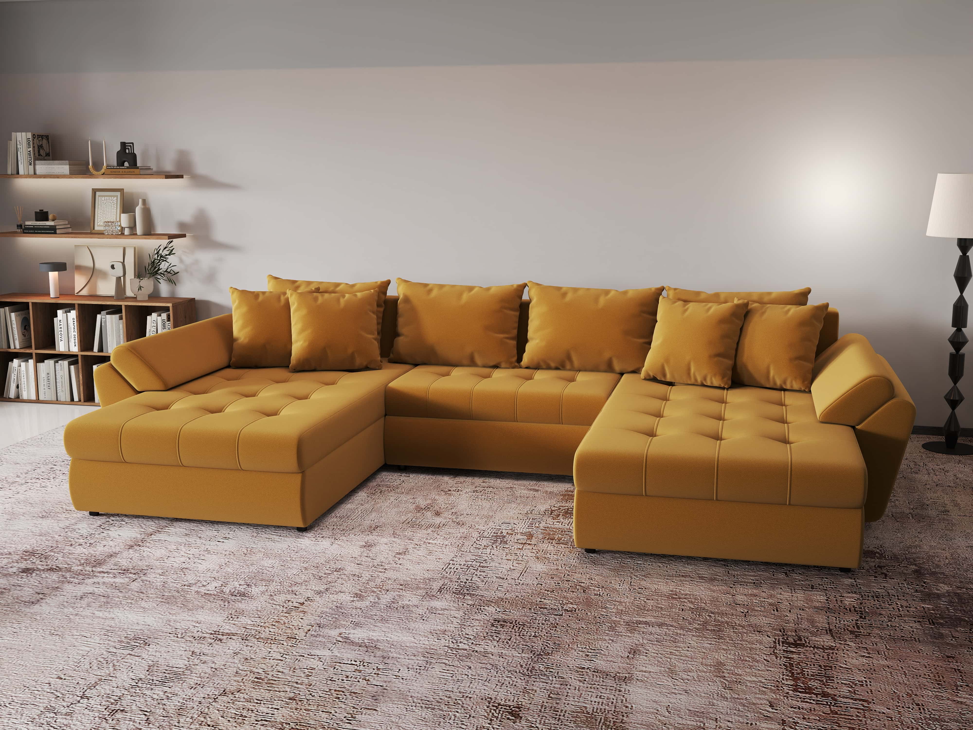 Colțar extensibil dumonde cu ladă de depozitare si sezut confortabil din spuma HR, Loana Royal Mustar U 355x185 cm Fabrica