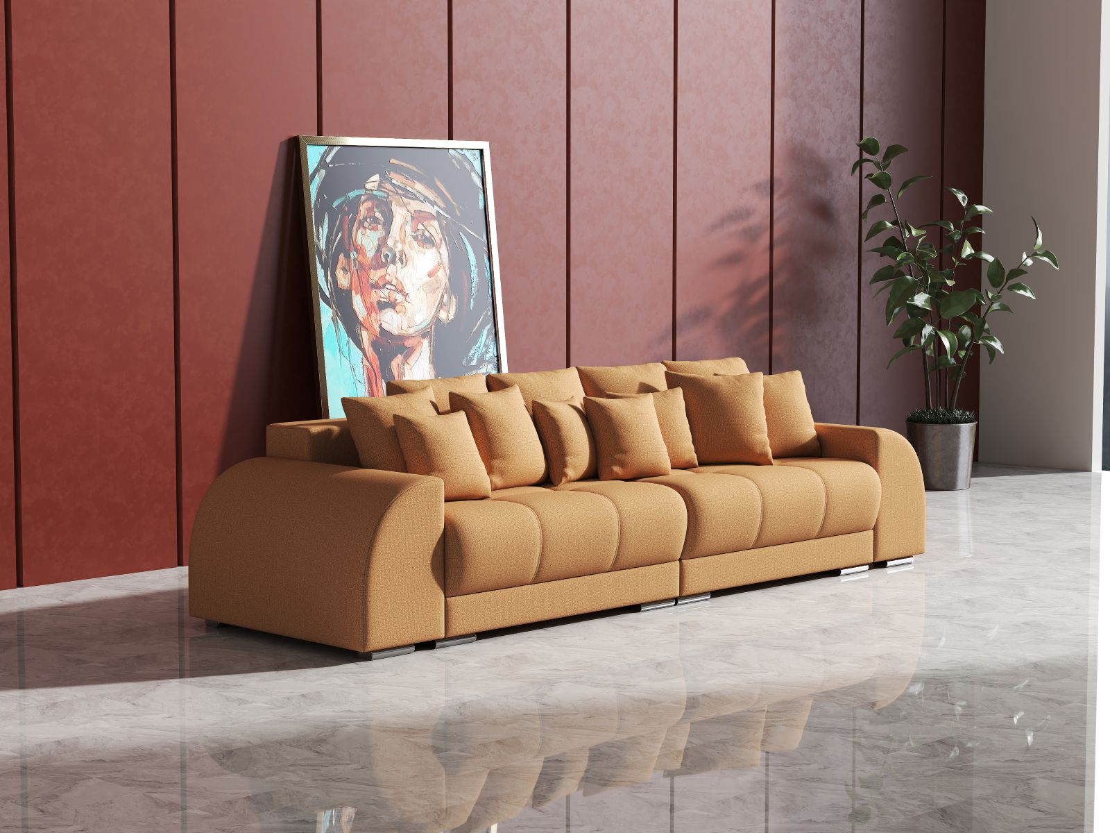 Canapea extensibilă dumonde cu 2 lăzi de depozitare si sezut confortabil din spuma HR, Big Sofa Verona Enjoy Lux Mango 310x100 cm Fabrica