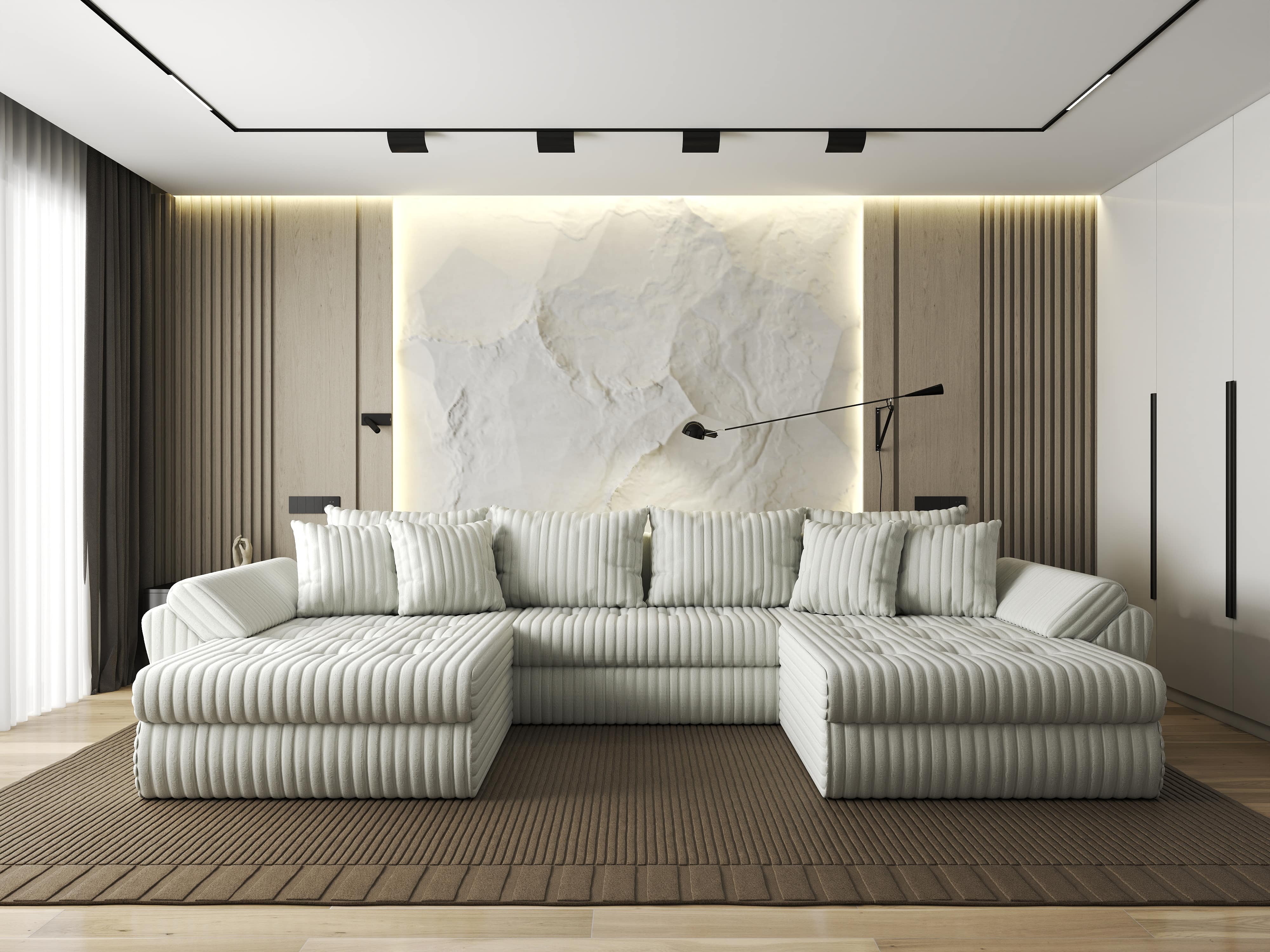 Colțar extensibil dumonde cu ladă de depozitare si sezut confortabil din spuma HR, Loana U Bej Ambience 355x185 cm Fabrica