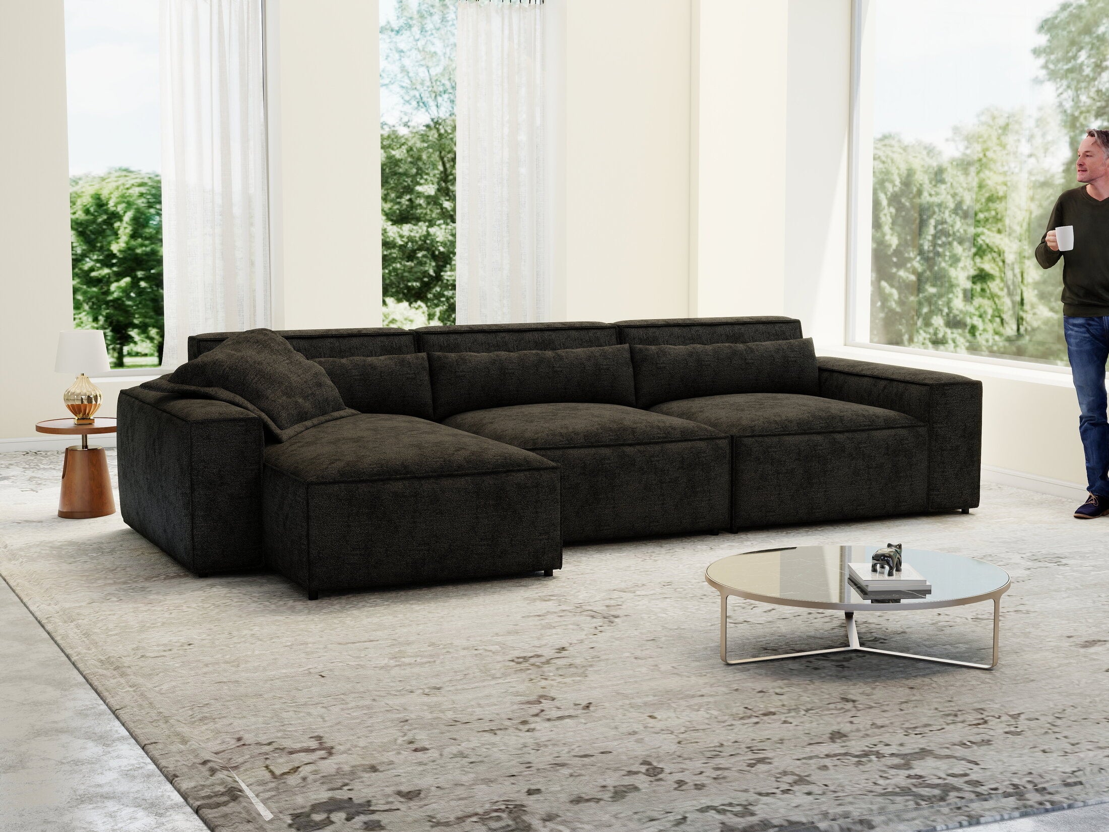 Colțar dumonde cu sezut confortabil din spuma HR, Marvelo XL Enjoy Black 366x175 cm