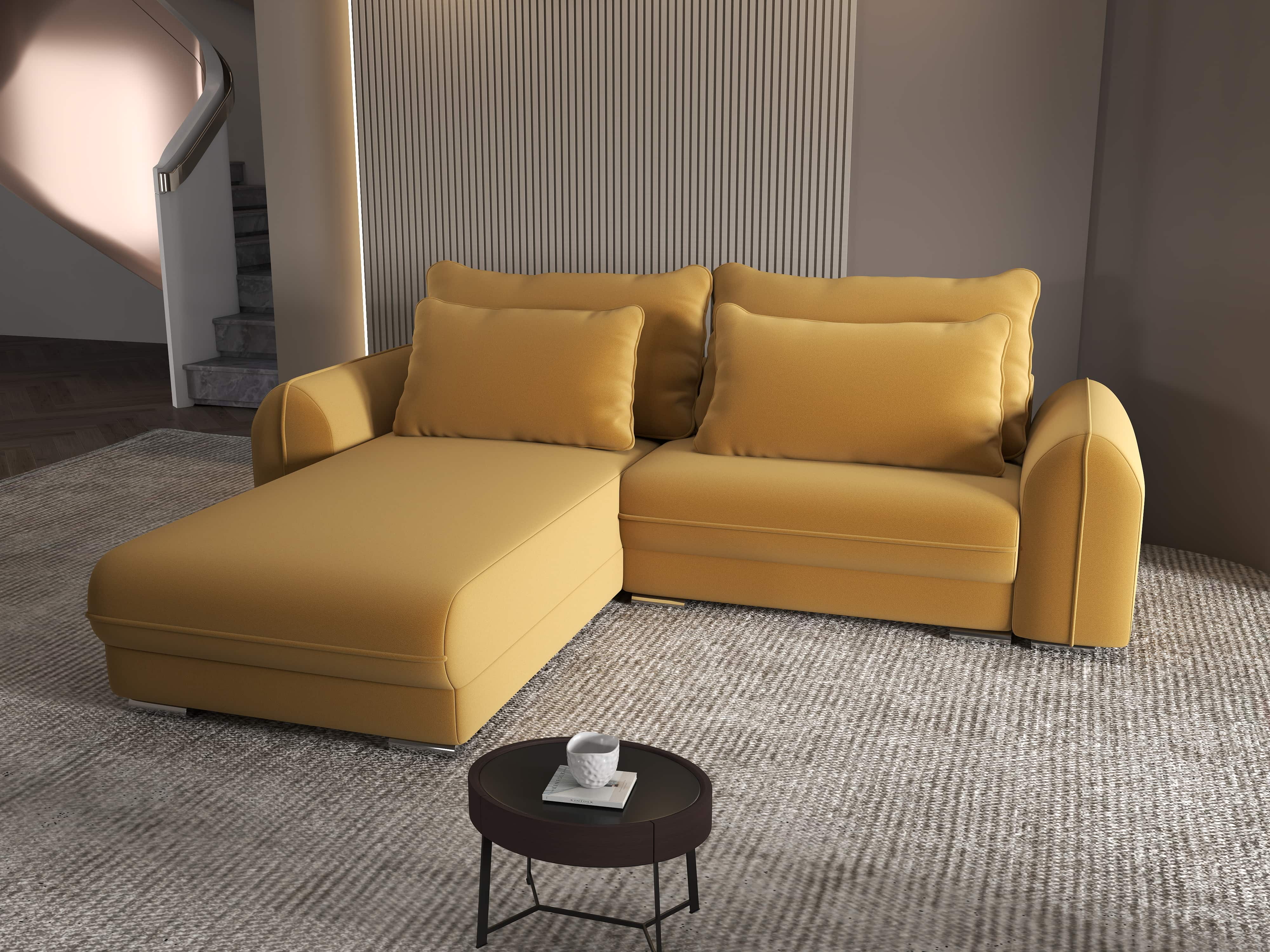 Colțar extensibil dumonde cu ladă de depozitare si sezut confortabil din spuma HR, Denver Royal Mustar 275x185 cm Fabrica