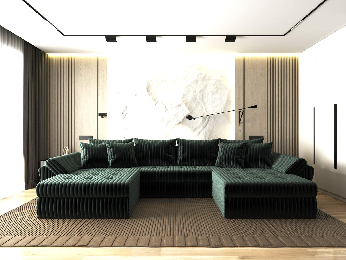 Colțar extensibil dumonde cu ladă de depozitare si sezut confortabil din spuma HR, Loana U Verde Ambience 355x185 cm Fabrica
