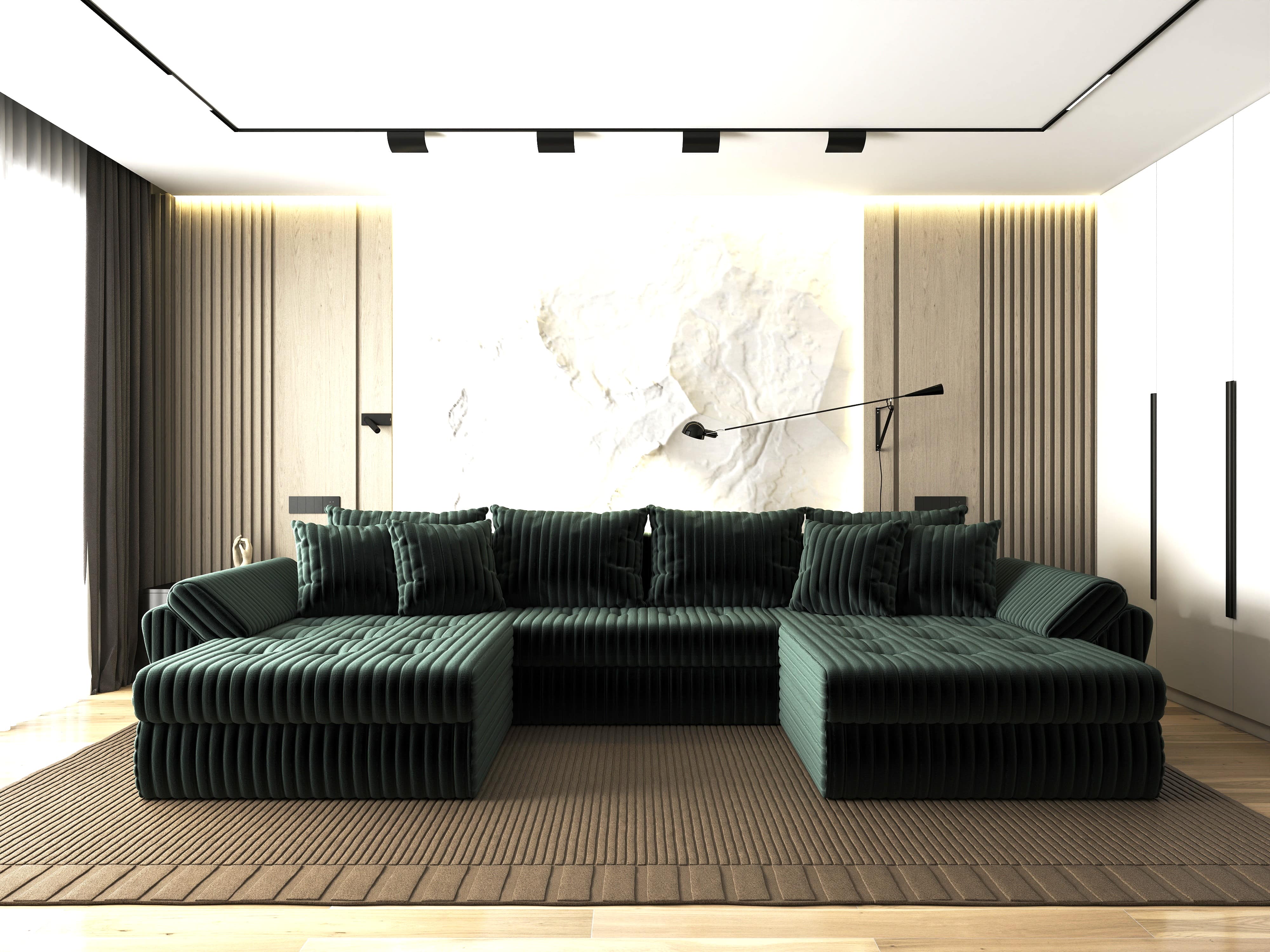 Colțar extensibil dumonde cu ladă de depozitare si sezut confortabil din spuma HR, Loana U Ambience Green 355x185 cm Fabrica