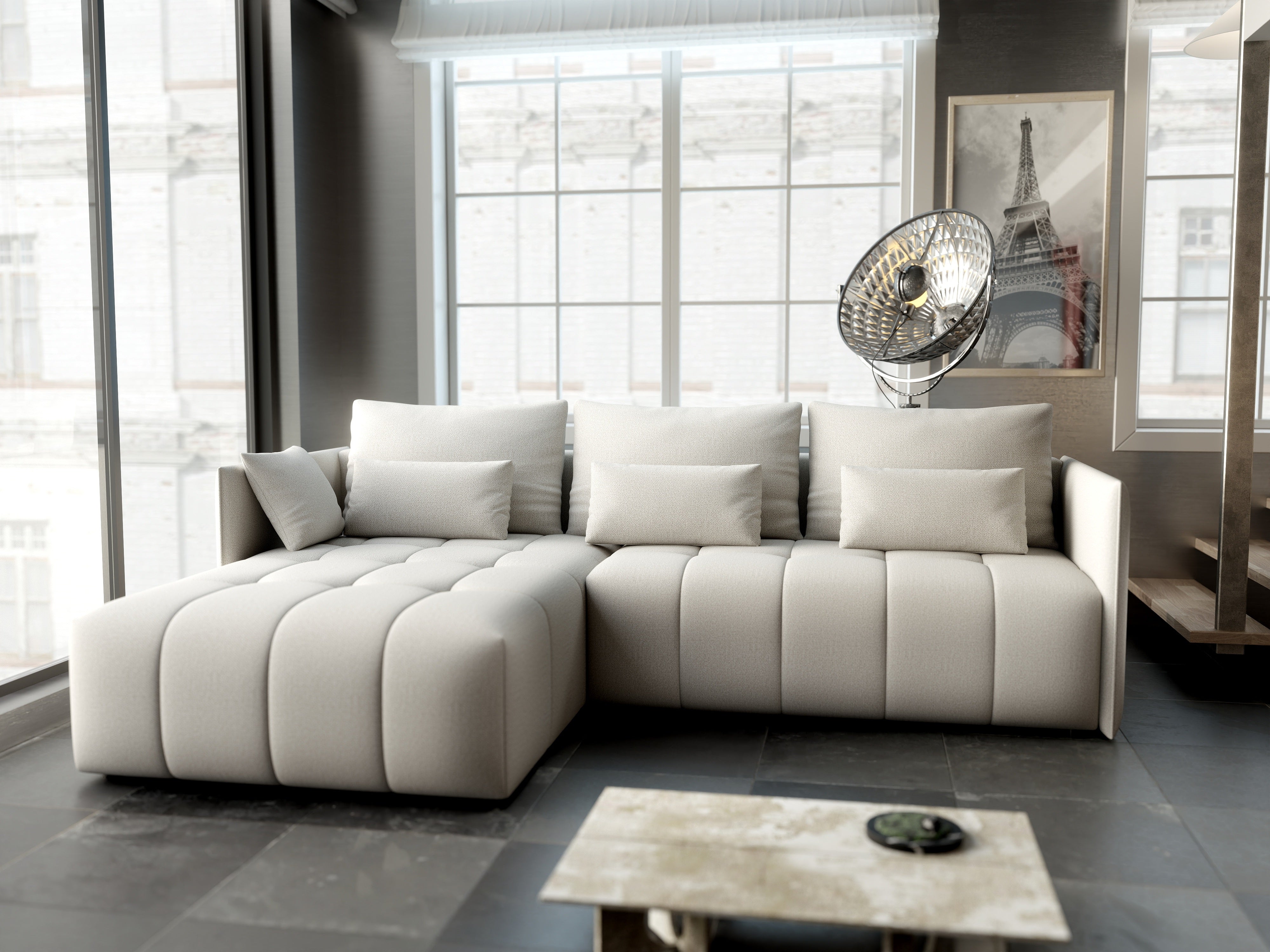 Colțar extensibil dumonde cu ladă de depozitare si sezut confortabil din spuma HR, Malta Beige 235x185 cm Fabrica