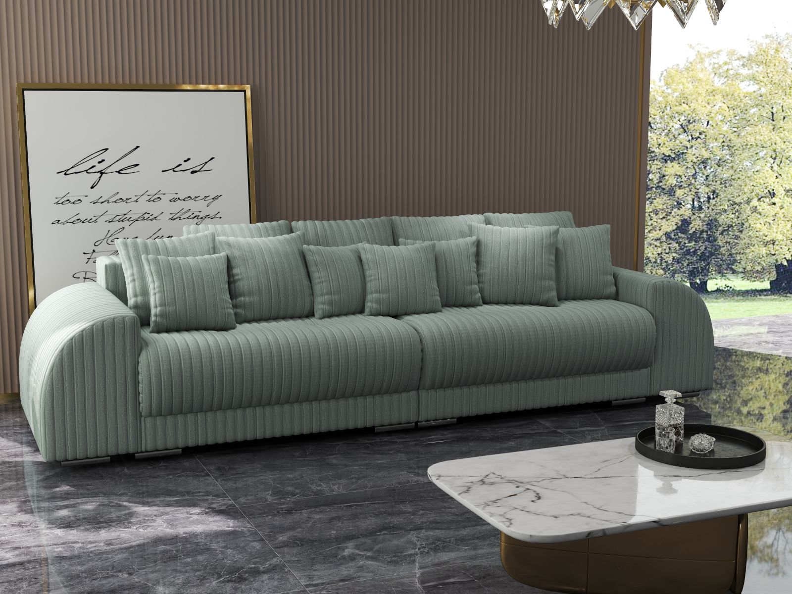 Canapea extensibilă dumonde cu 2 lăzi de depozitare si sezut confortabil din spuma HR, Verona Ambience Sage 310x100 cm Fabrica