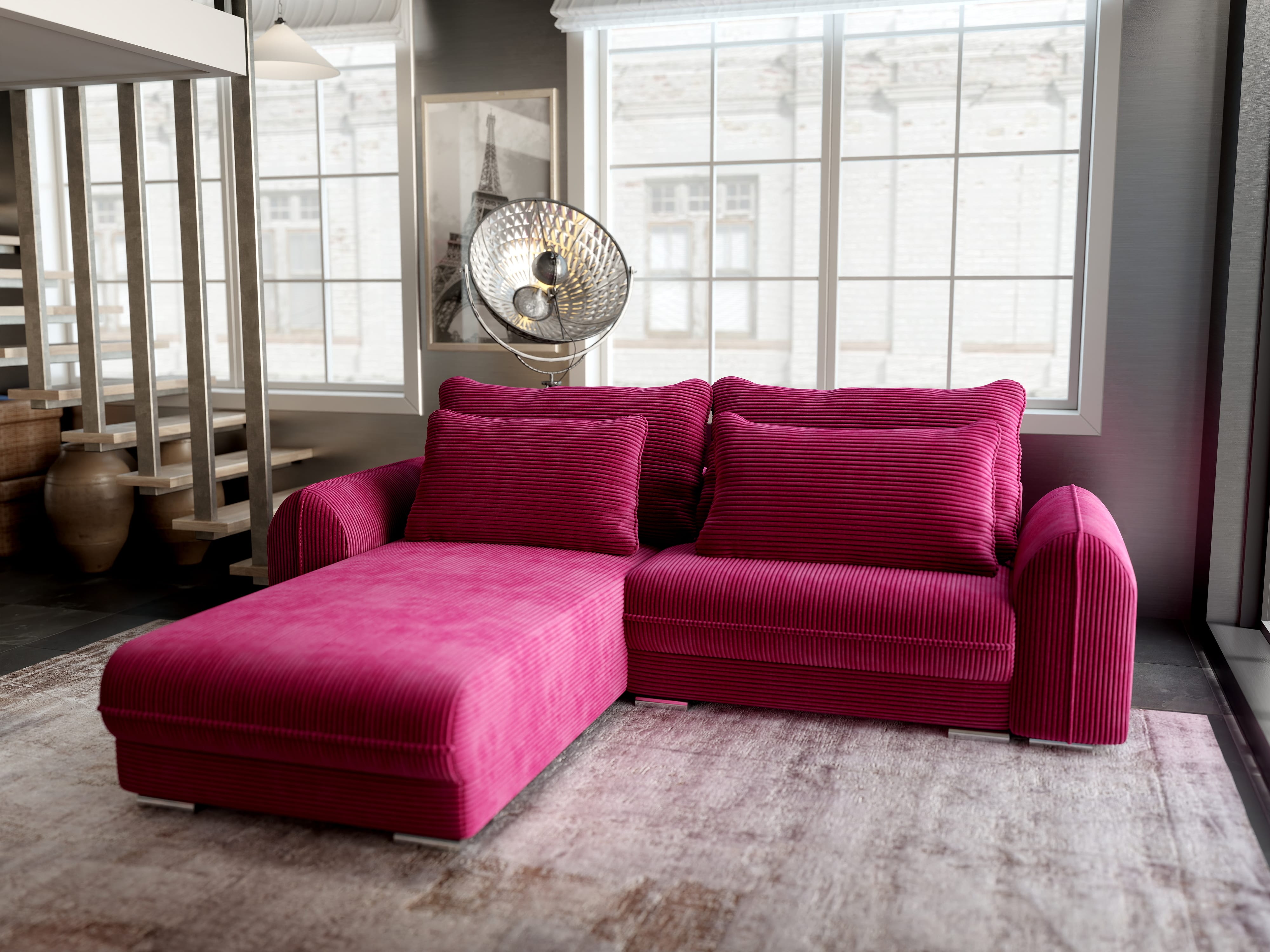 Colțar extensibil dumonde cu ladă de depozitare si sezut confortabil din spuma HR, Denver Zoom Rosu 275x185 cm Fabrica