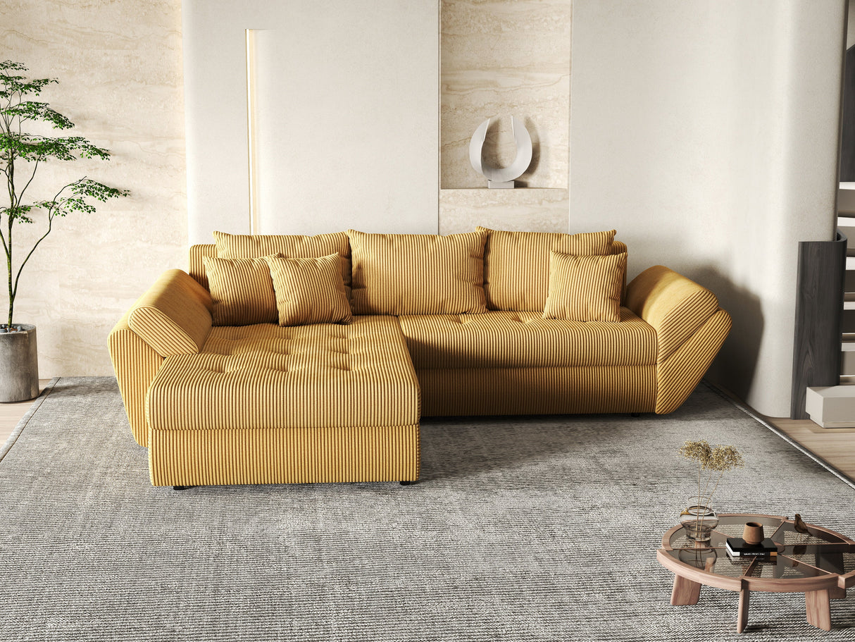 Colțar extensibil dumonde cu ladă de depozitare si sezut confortabil din spuma HR, Loana Mustar Zoom 270x185 cm Fabrica