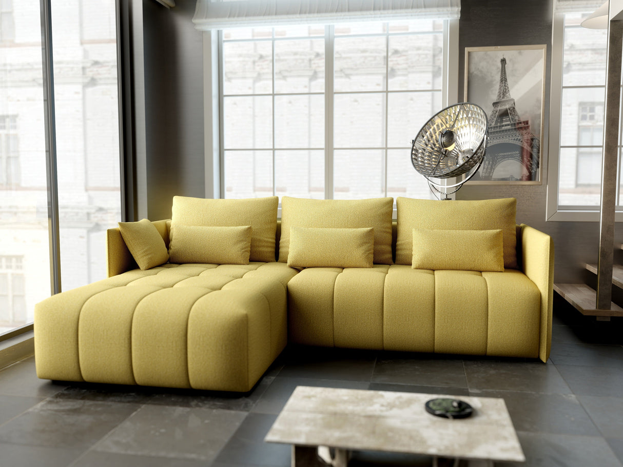 Colțar extensibil dumonde cu ladă de depozitare si sezut confortabil din spuma HR, Malta Galben 235x185 cm Fabrica