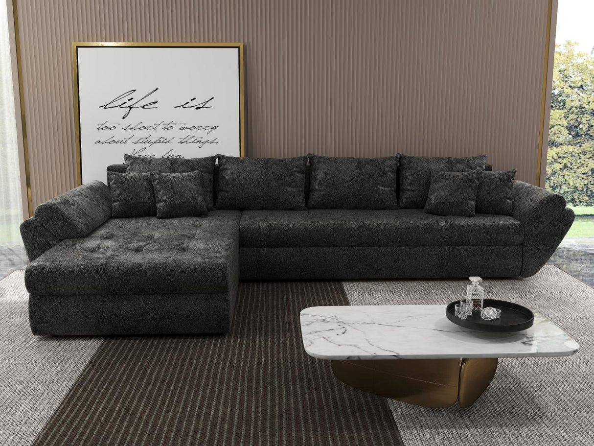 Colțar extensibil dumonde cu ladă de depozitare si sezut confortabil din spuma HR, Loana XL Euphoria Negru 335x185 cm Fabrica
