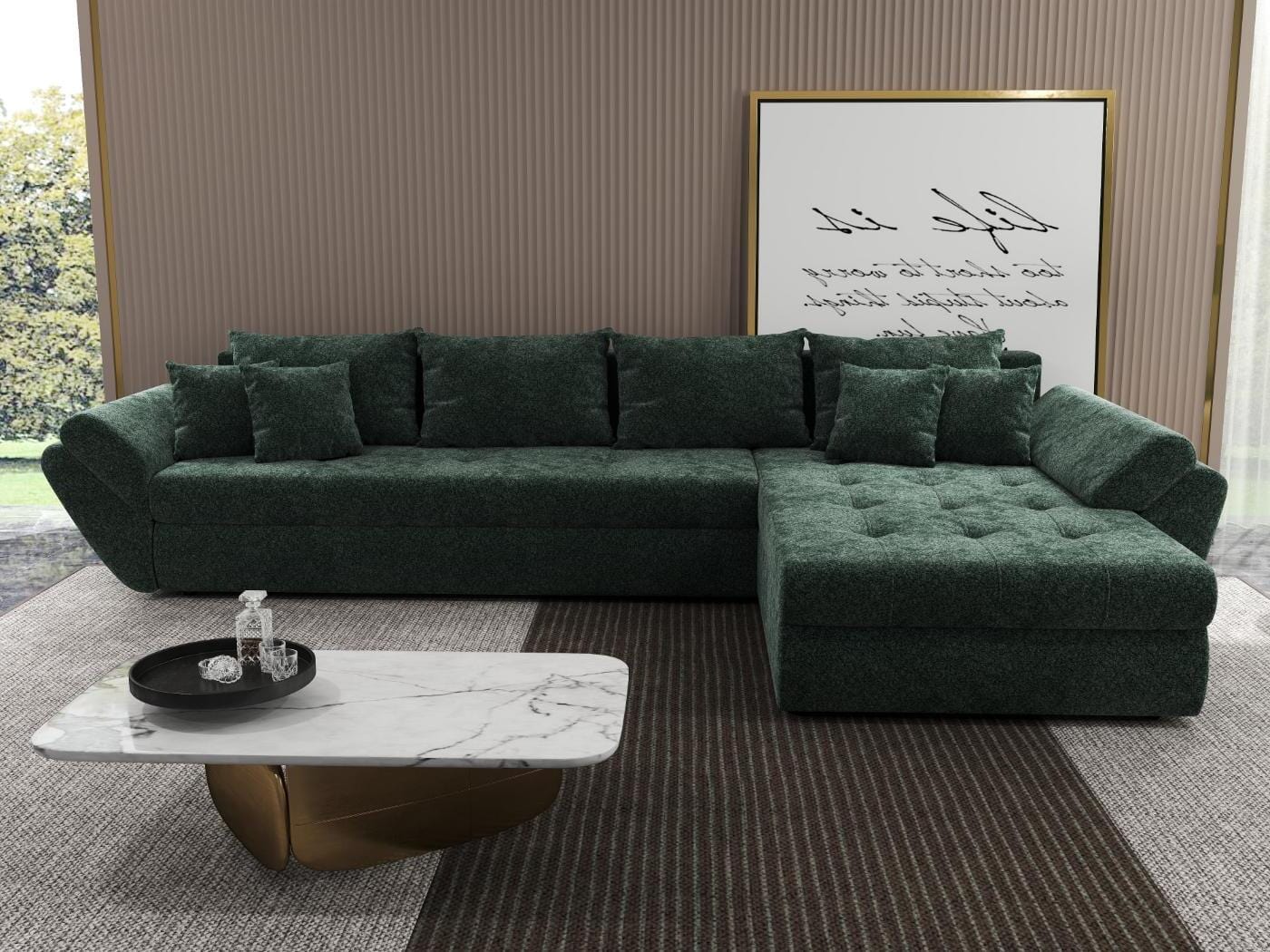 Colțar extensibil dumonde cu ladă de depozitare si sezut confortabil din spuma HR, Loana XL Euphoria Verde II 335x185 cm Fabrica