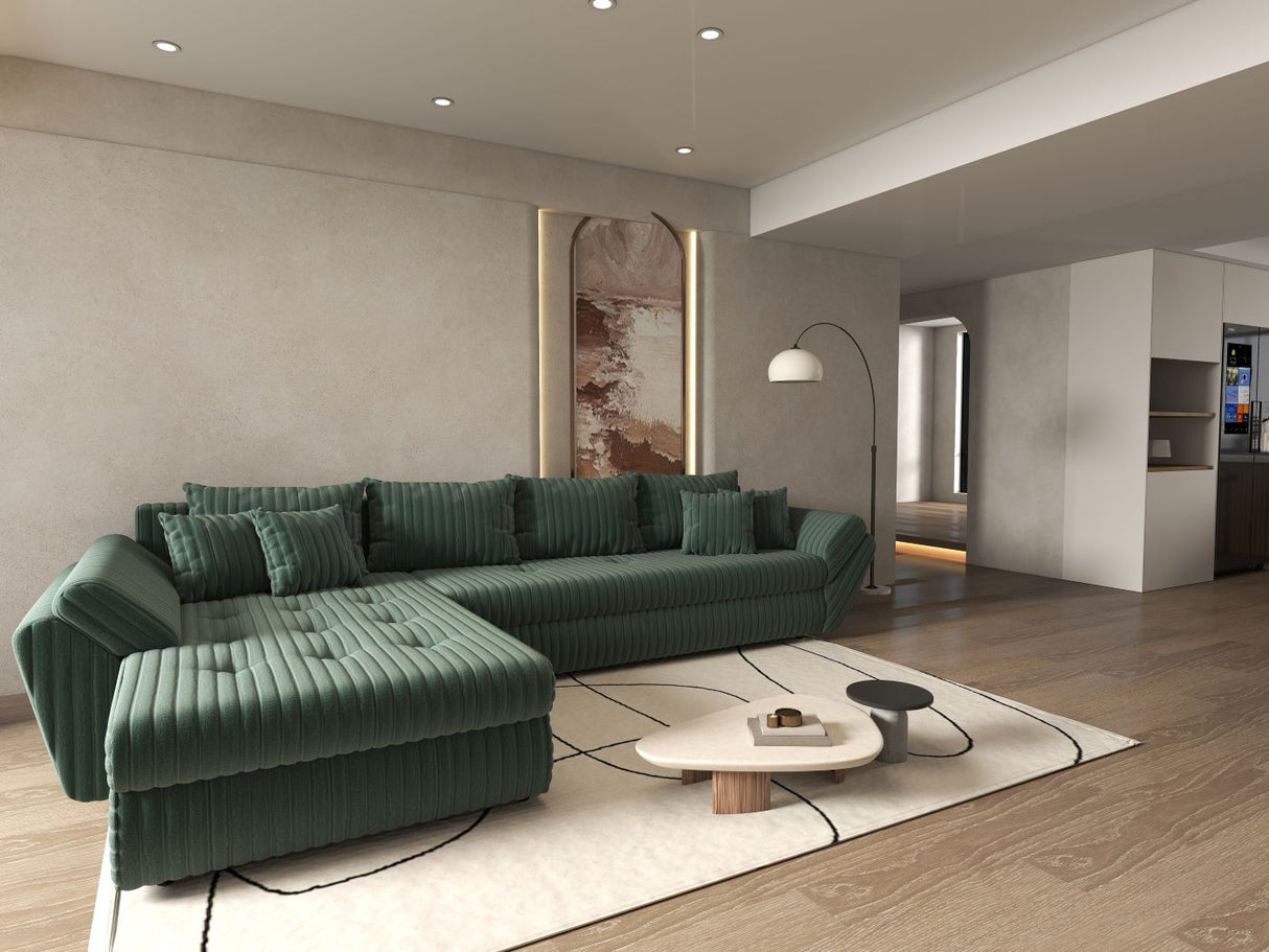 Colțar extensibil dumonde cu ladă de depozitare si sezut confortabil din spuma HR, Loana XL Ambience Verde 335x185 cm Fabrica
