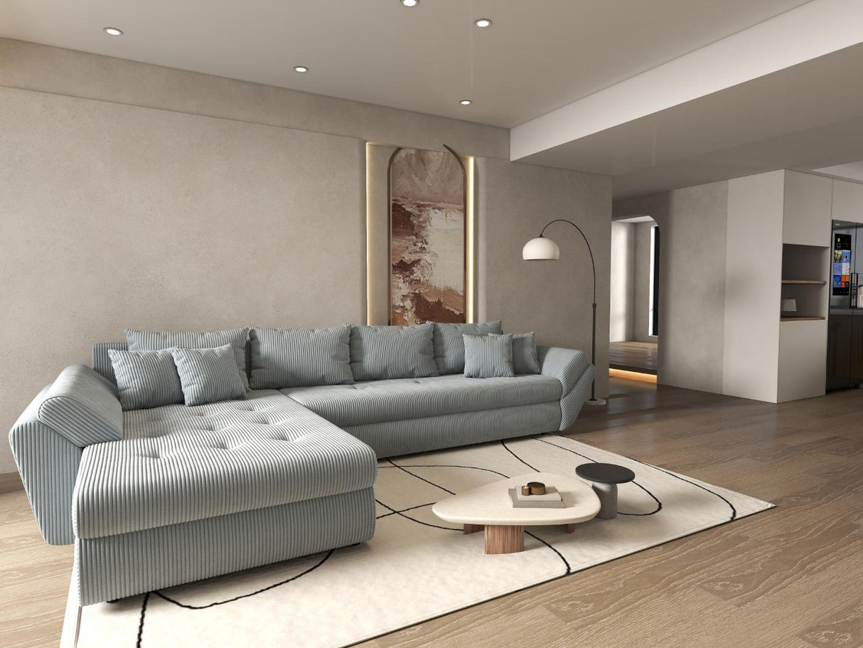Colțar extensibil dumonde cu ladă de depozitare si sezut confortabil din spuma HR, Loana XL Zoom Gri 335x185 cm Fabrica