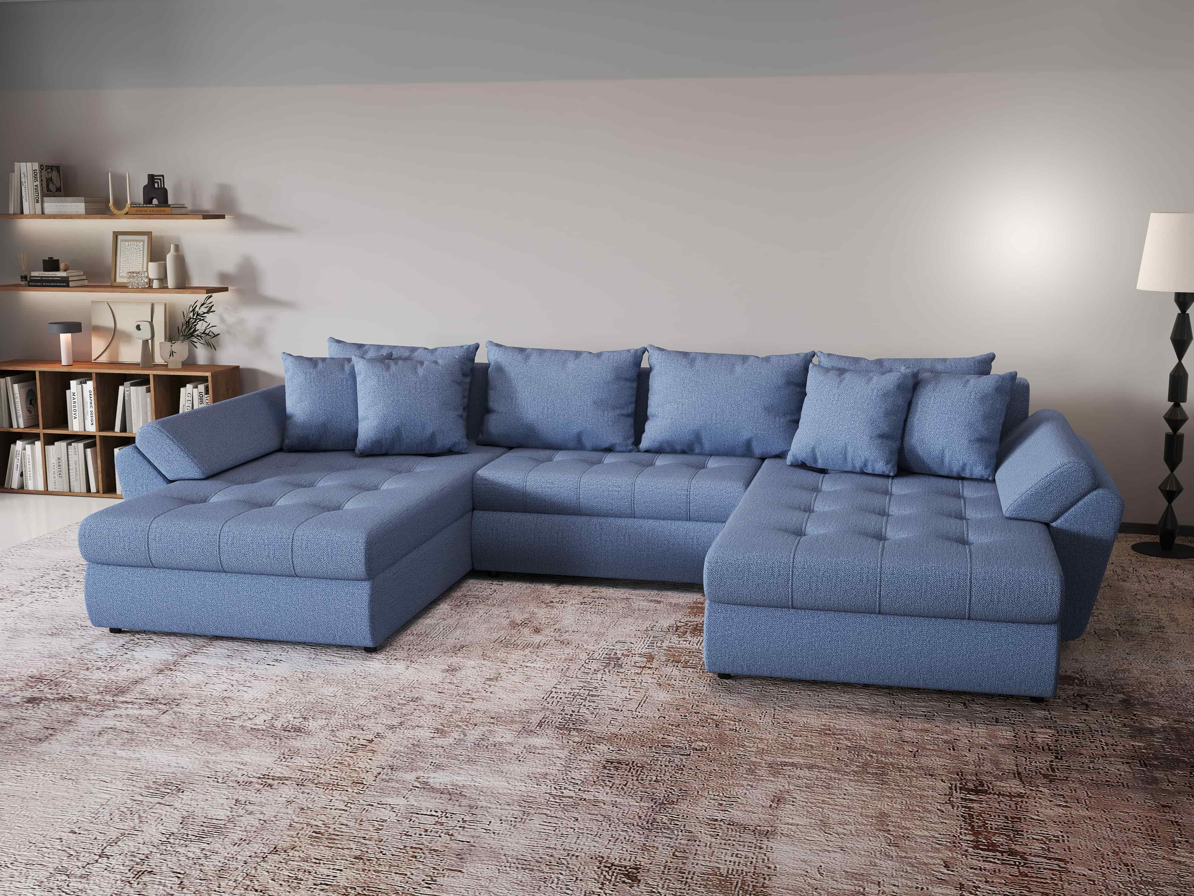 Colțar extensibil  dumonde cu ladă de depozitare si sezut confortabil din spuma HR, Loana Blue U 355x185 cm Fabrica