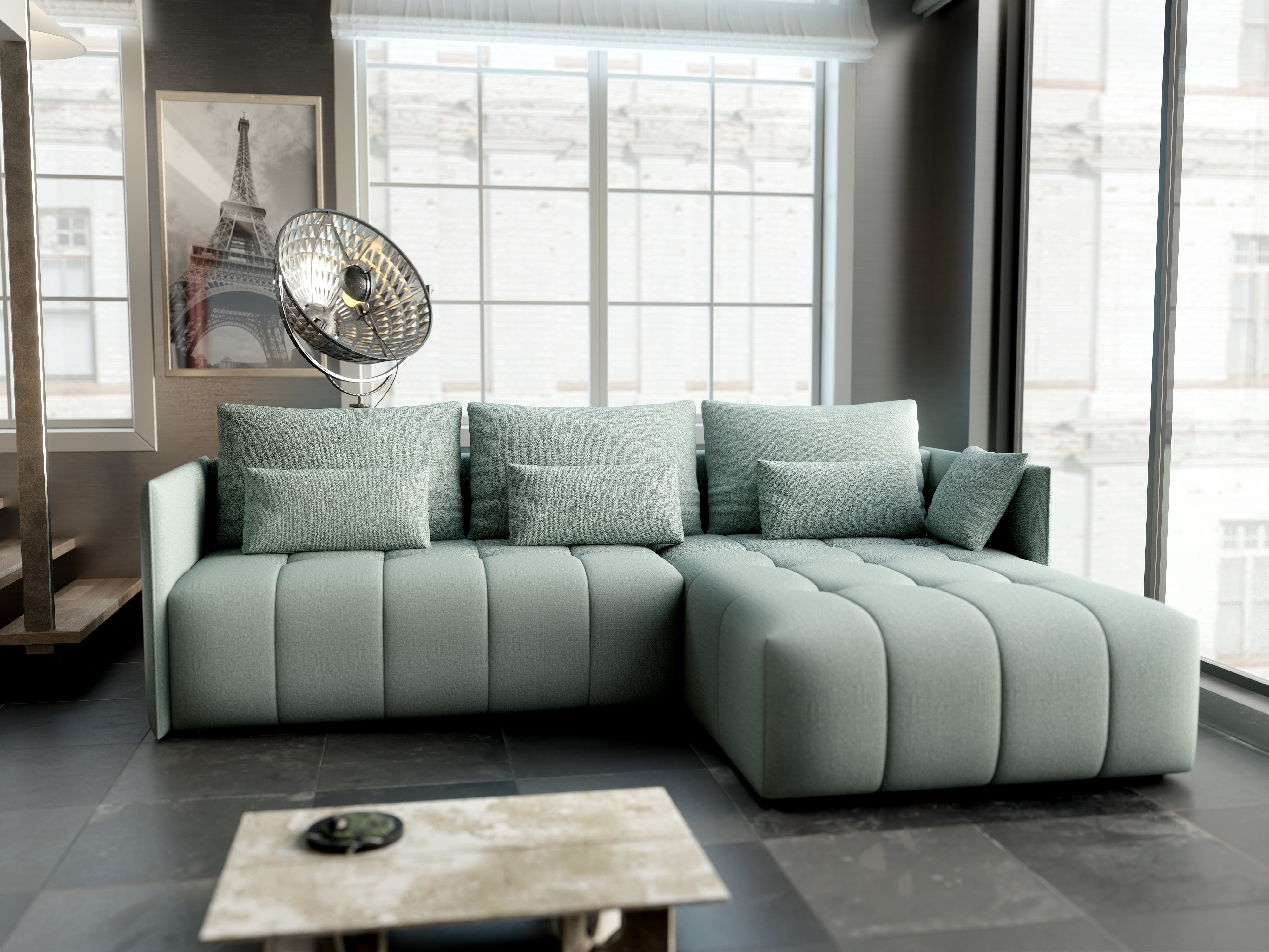 Colțar extensibil dumonde cu ladă de depozitare si sezut confortabil din spuma HR, Malta Mint II 235x185 cm Fabrica