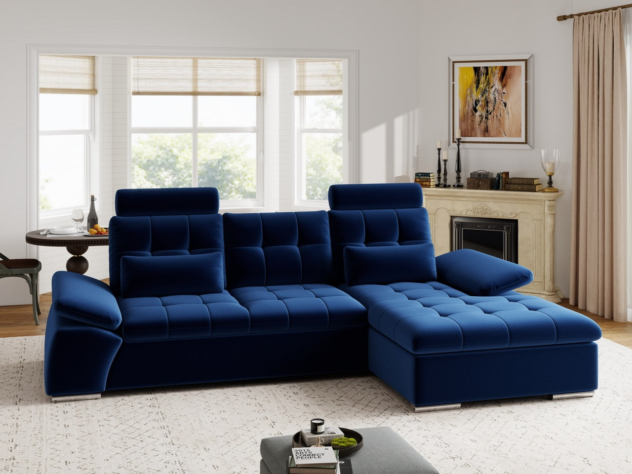 Colțar extensibil dumonde cu ladă de depozitare și șezut confortabil din spumă HR, Merkur Royal Albastru Navy 270x168 cm II