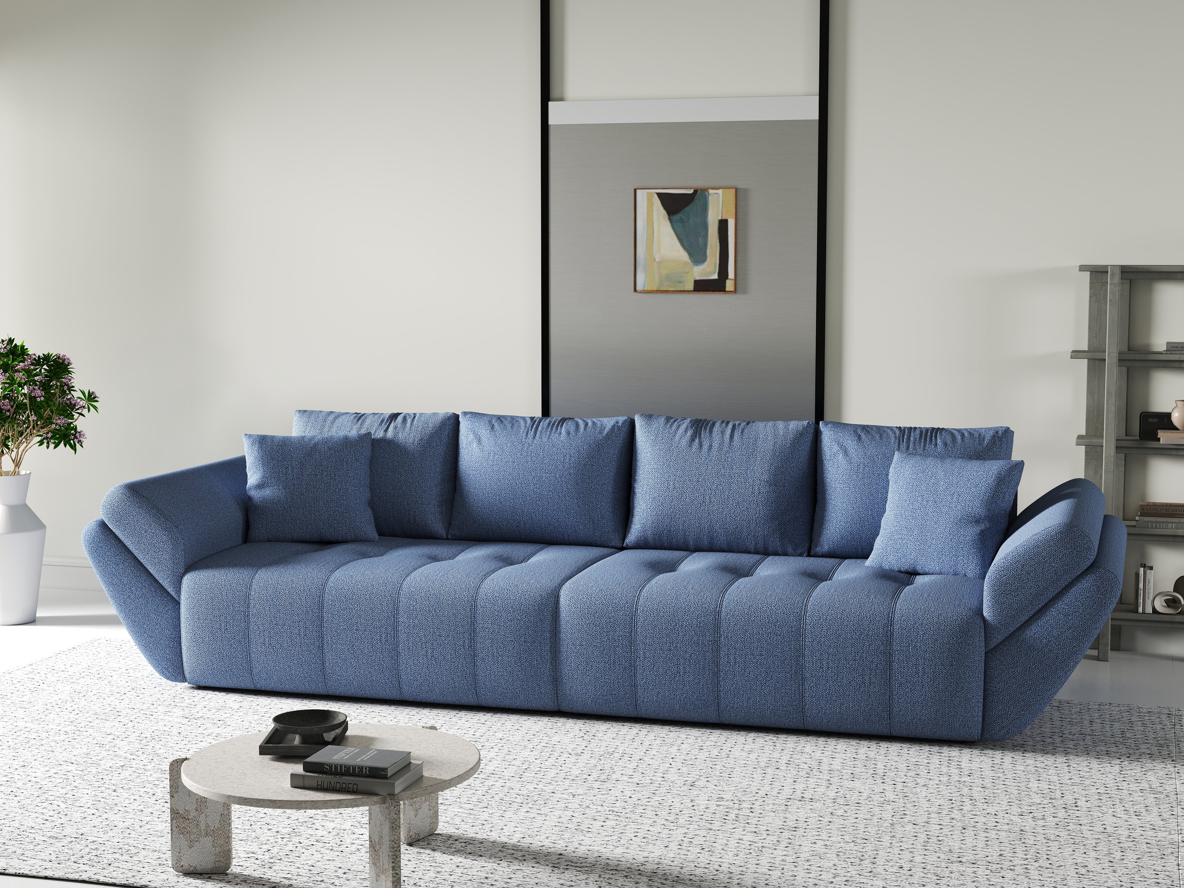 Canapea extensibilă dumonde cu ladă de depozitare si sezut confortabil din spuma HR, Berlin Blue 300x100 cm Fabrica