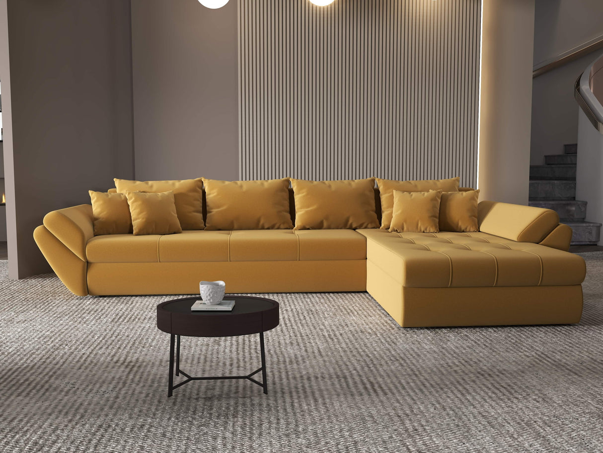 Colțar extensibil dumonde cu ladă de depozitare si sezut confortabil din spuma HR, Loana XL Royal Mustar II 335x185 cm Fabrica