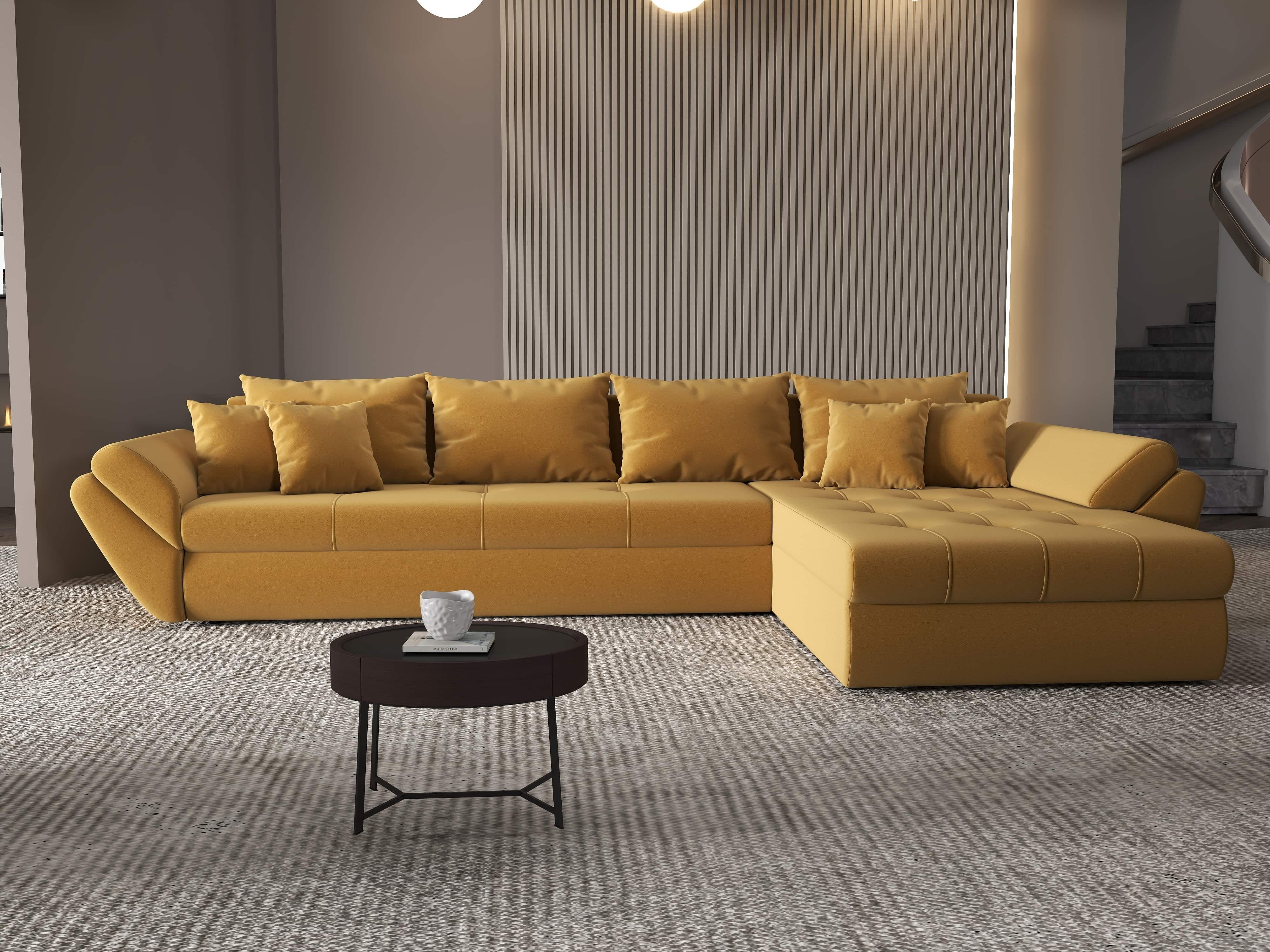Colțar extensibil dumonde cu ladă de depozitare si sezut confortabil din spuma HR, Loana XL Royal Mustar II 335x185 cm Fabrica