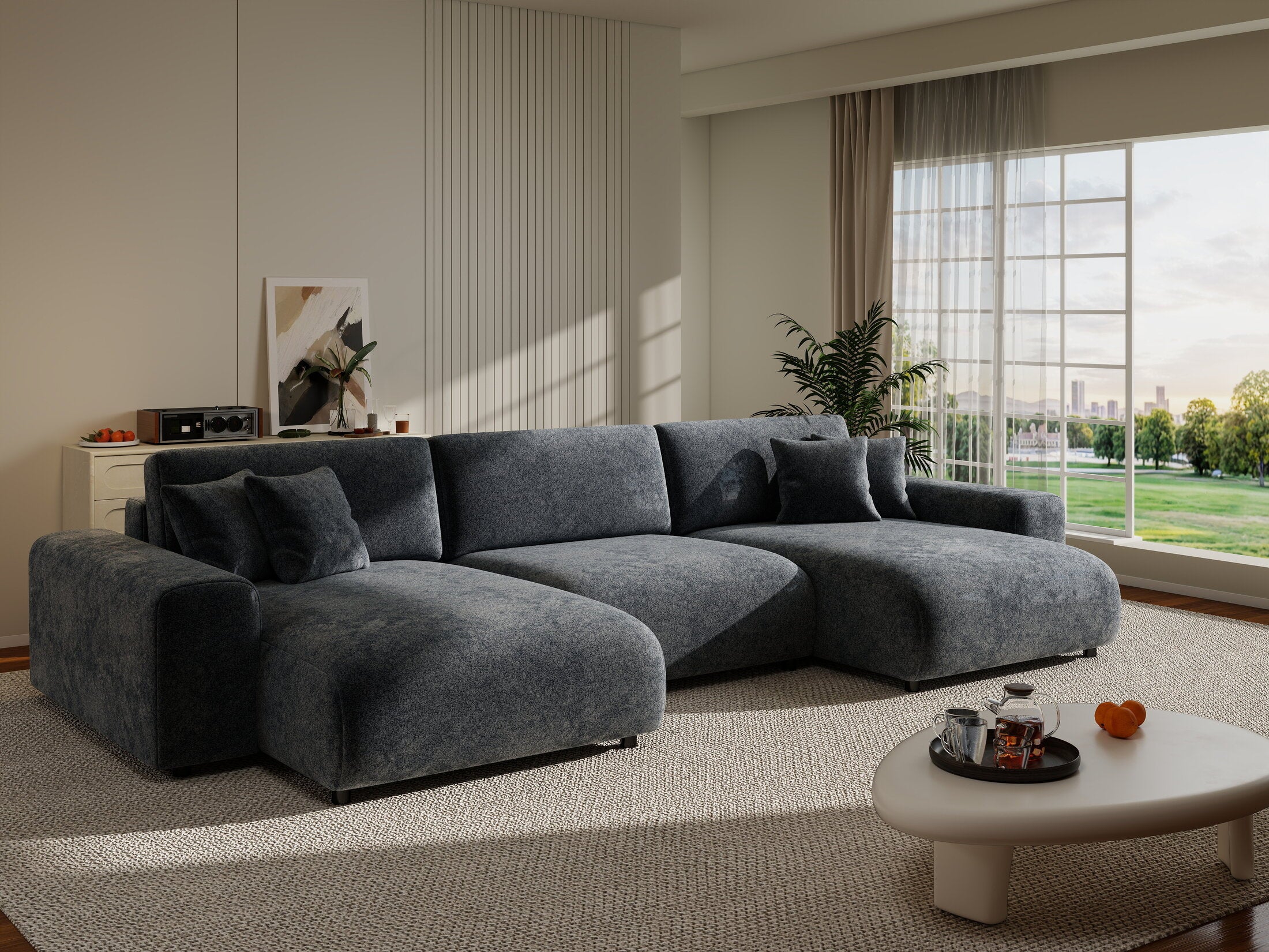 Colțar extensibil dumonde cu ladă de depozitare si sezut confortabil din spuma HR, Sarina U Euphoria Gri Grafit 350x168 cm