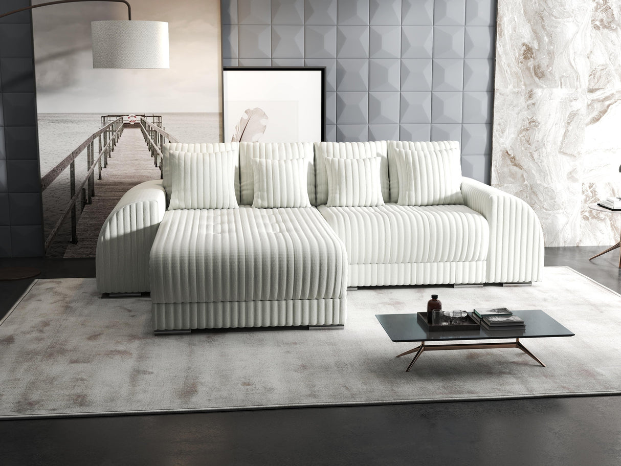 Colțar extensibil dumonde cu ladă de depozitare si sezut confortabil din spuma HR, Verona Ambience Alb 290x185 cm Fabrica
