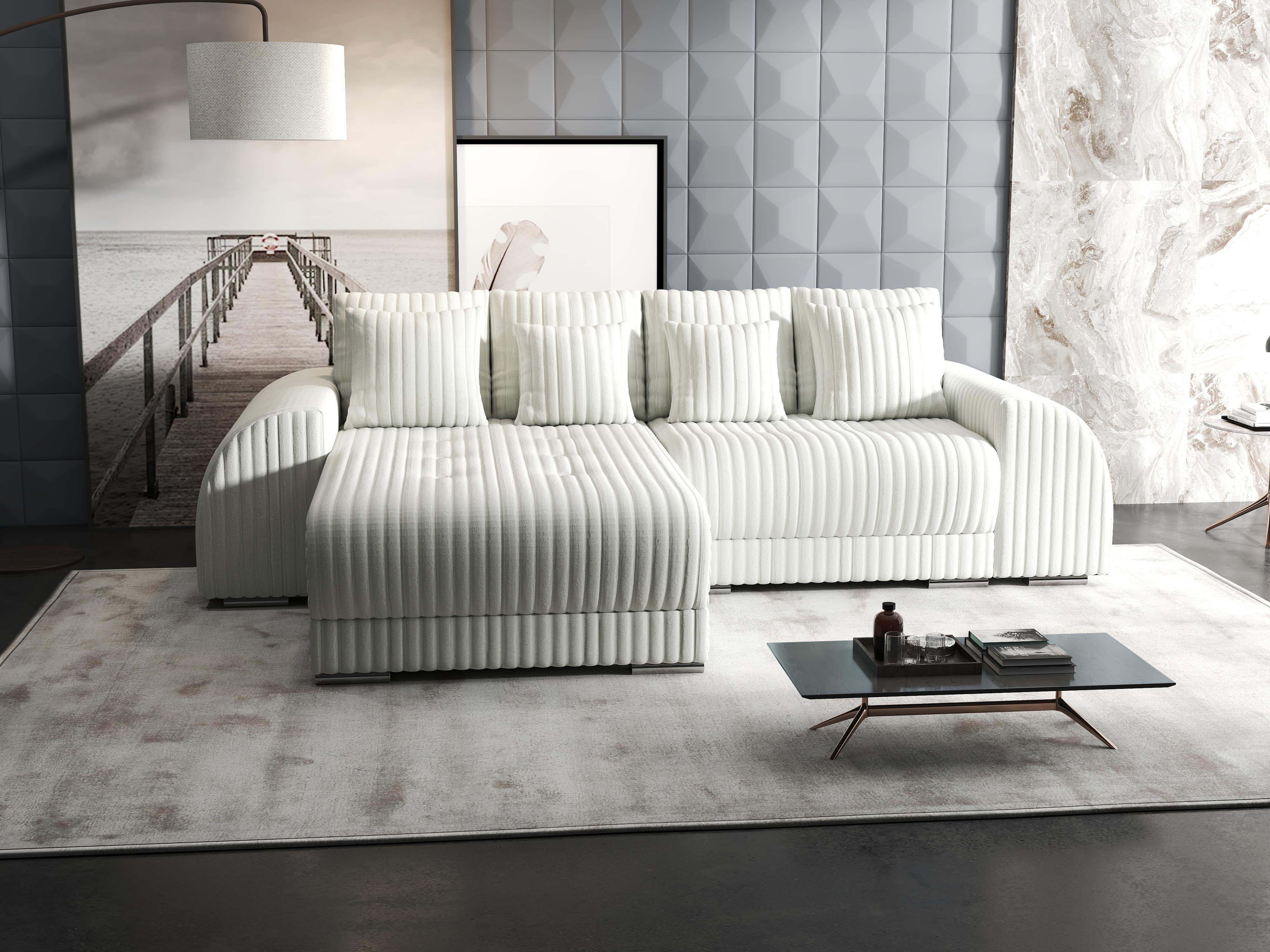 Colțar extensibil dumonde cu ladă de depozitare si sezut confortabil din spuma HR, Verona Ambience Alb 290x185 cm Fabrica