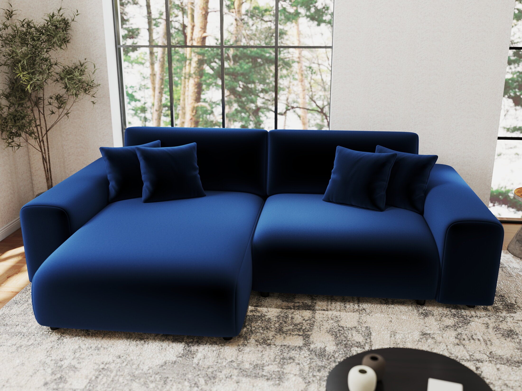 Colțar extensibil dumonde cu ladă de depozitare si sezut confortabil din spuma HR, Sarina Royal Albastru Navy 255x168 cm