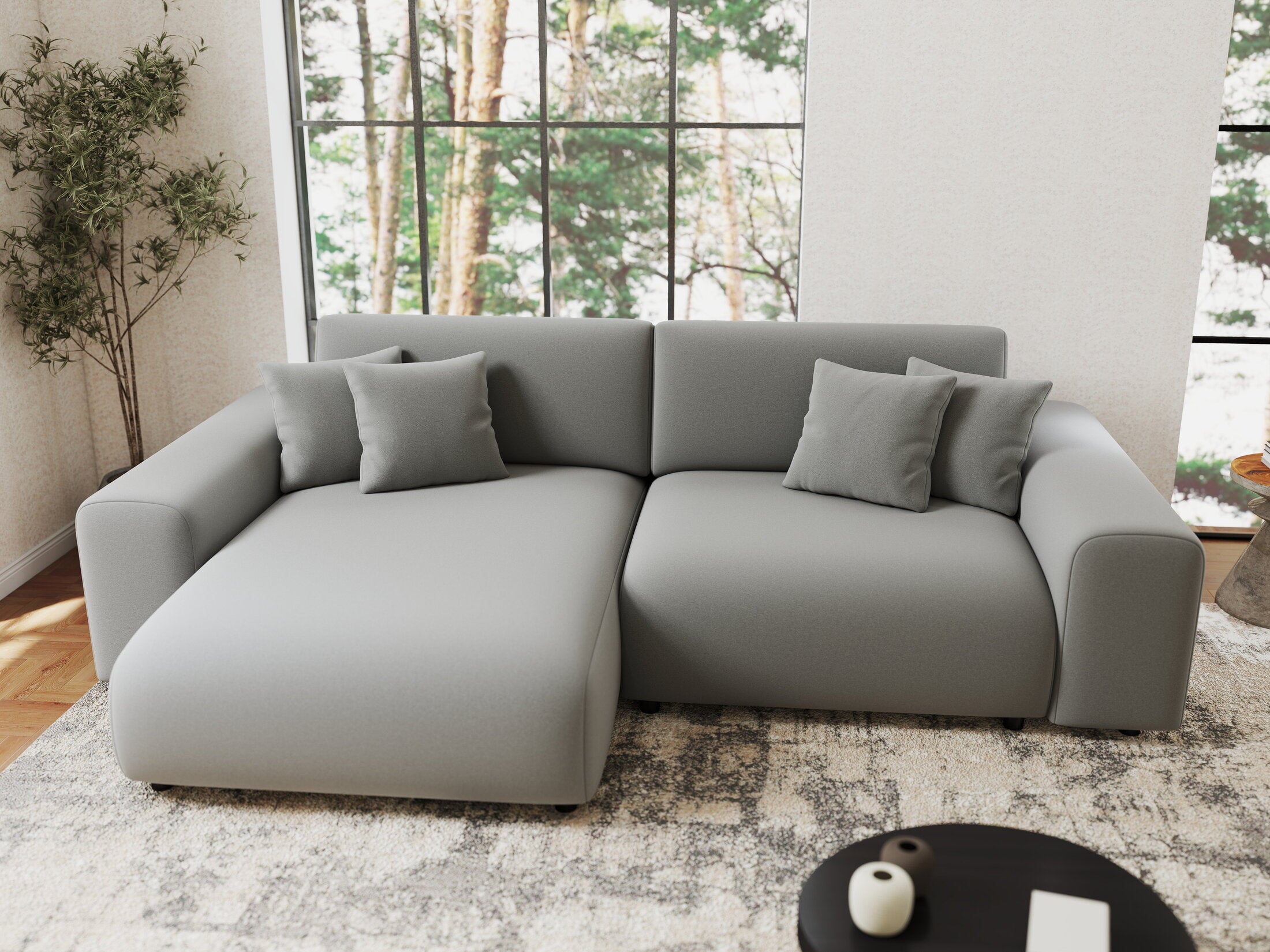 Colțar extensibil dumonde cu ladă de depozitare si sezut confortabil din spuma HR, Sarina Royal Gri 255x168 cm