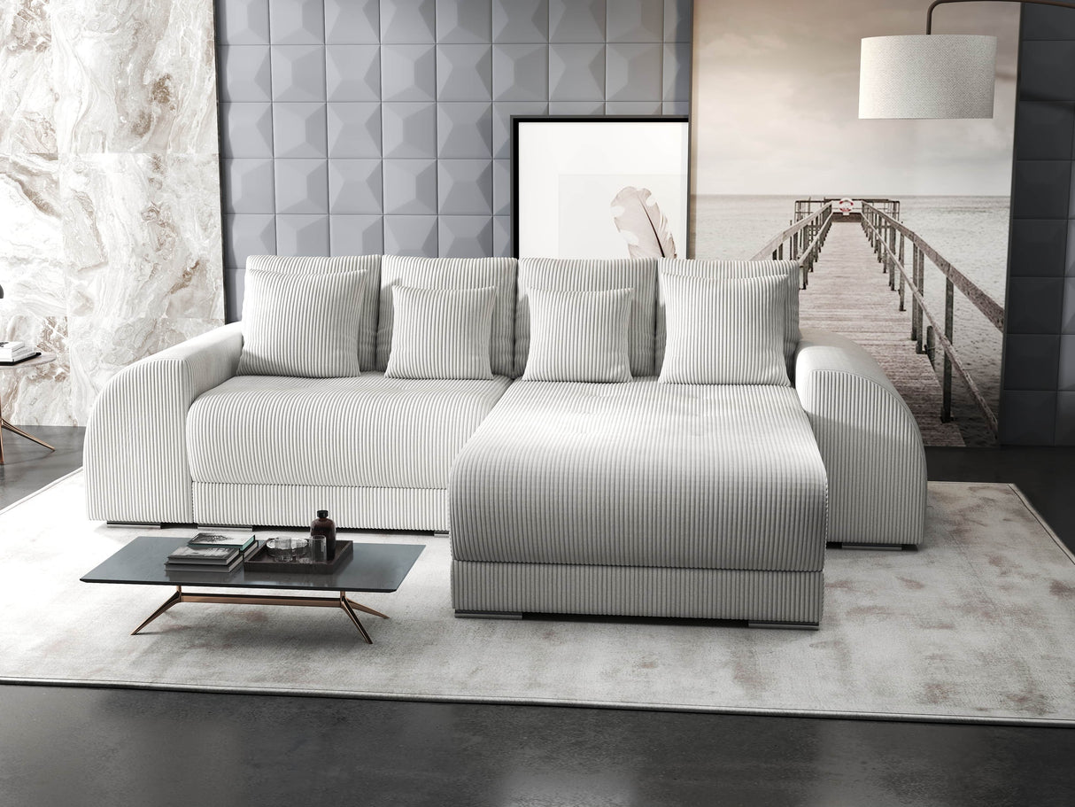 Colțar extensibil dumonde cu ladă de depozitare si sezut confortabil din spuma HR, Verona Zoom Gri II 290x185 cm Fabrica