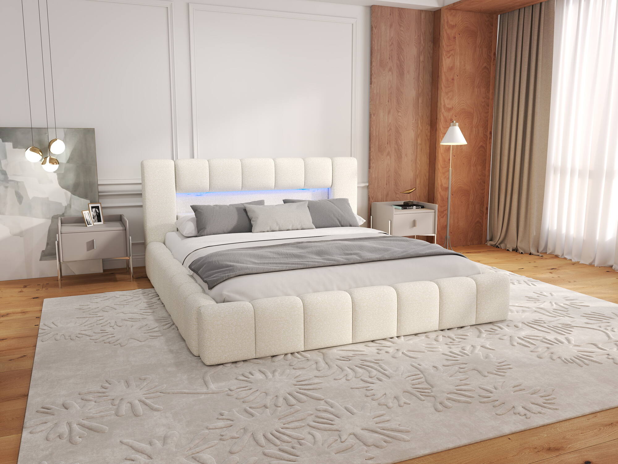 Pat dormitor dumonde, tapitat bej, Palermo 180x200 cm, somiera rabatabila inclusa, spatiu depozitare