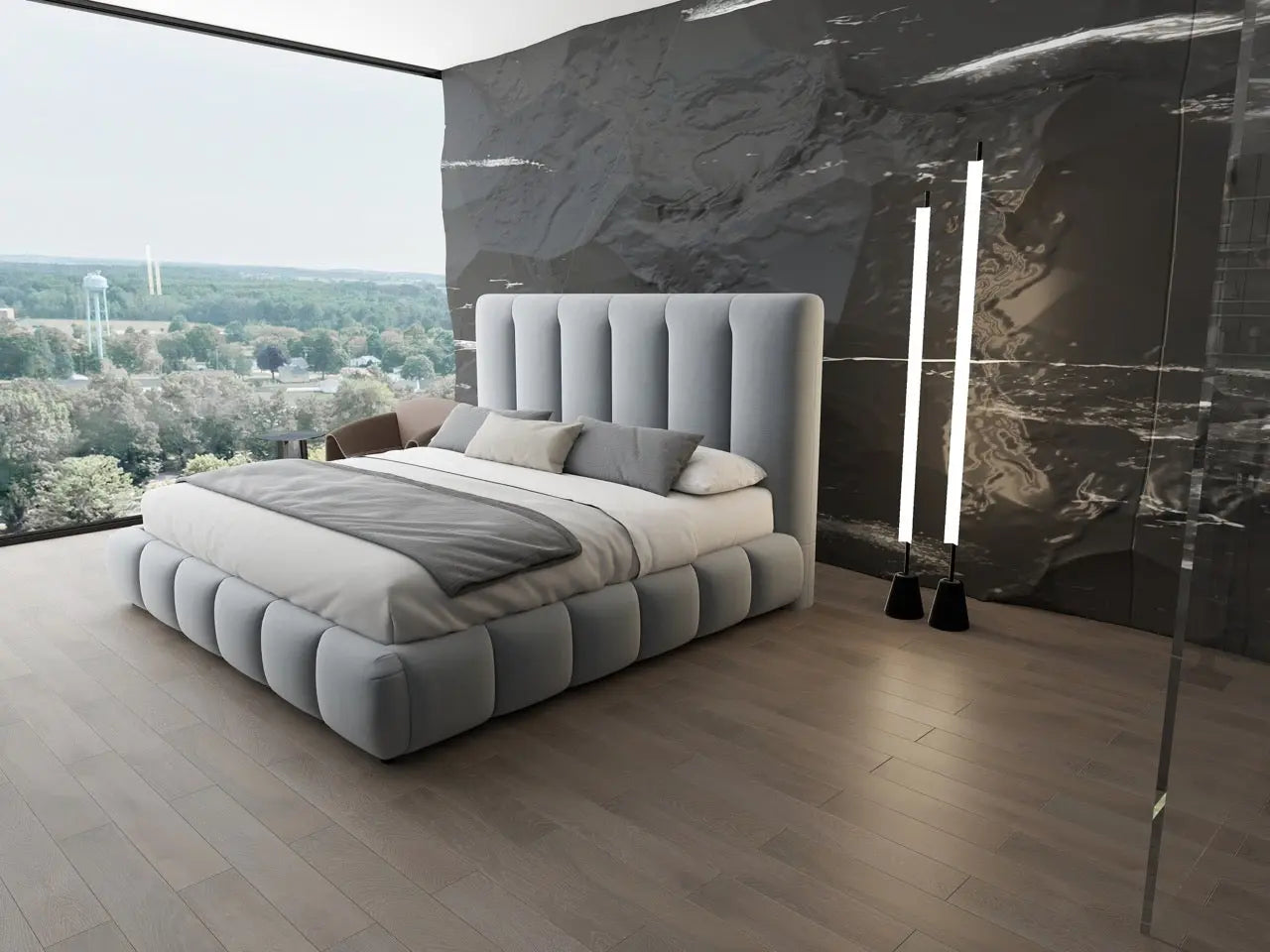 Pat dormitor dumonde, tapitat gri, Divaneo 140x200 cm, somiera rabatabila inclusa, spatiu depozitare WLS