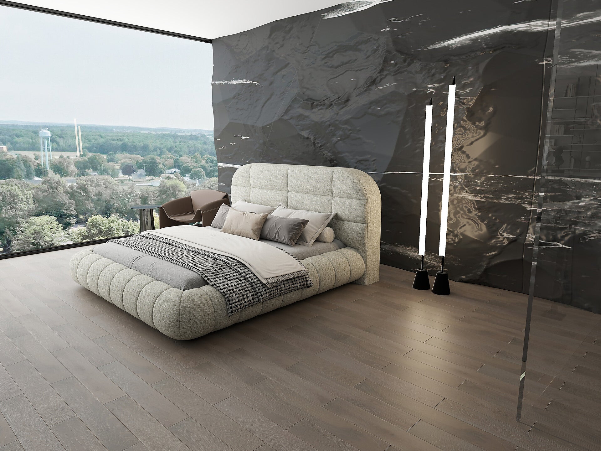 Pat dormitor dumonde, tapitat bej, Senso 180x200 cm, somiera rabatabila inclusa, spatiu depozitare