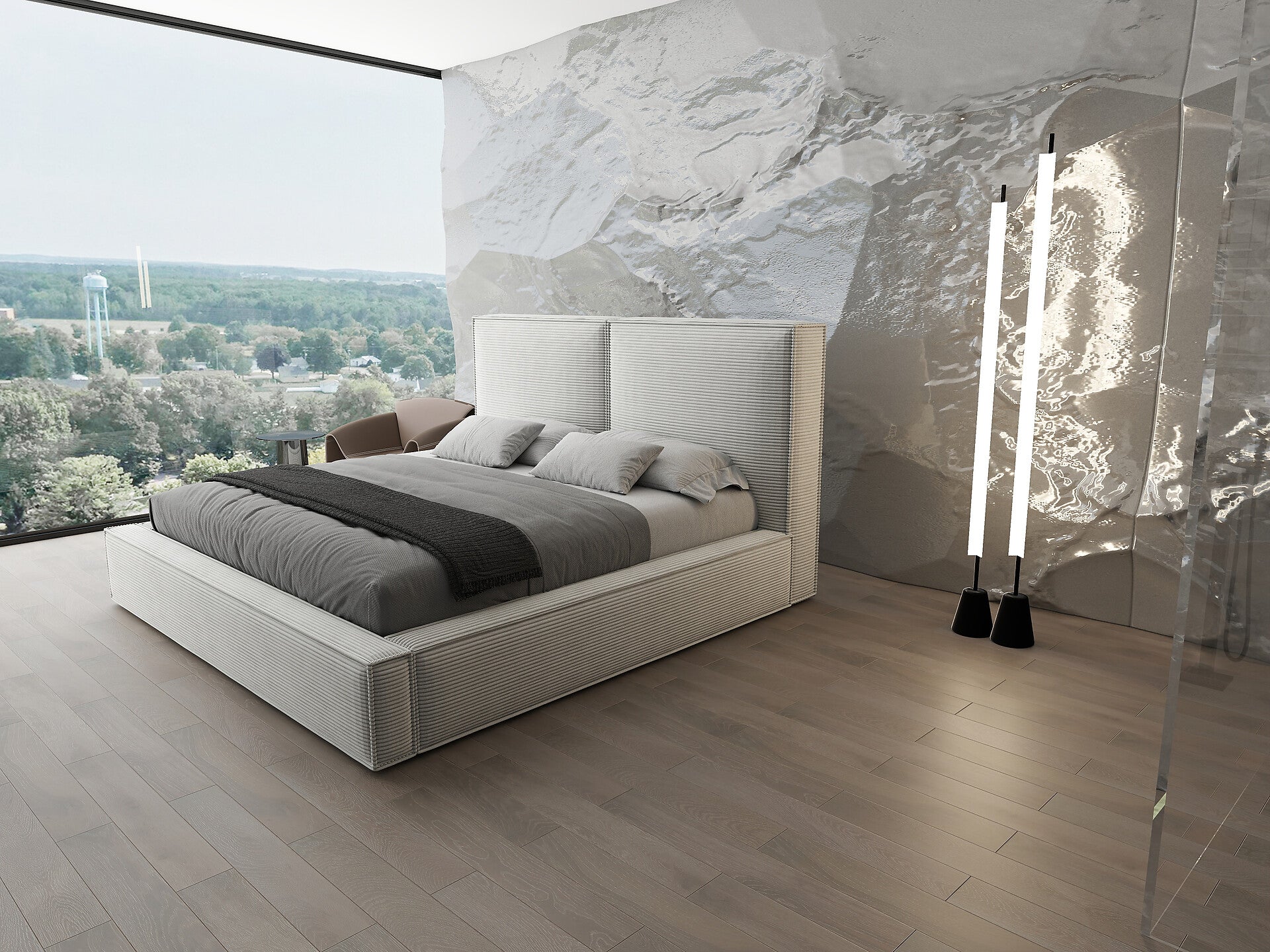 Pat dormitor dumonde, tapitat bej, Dreamer 160x200 cm, somiera rabatabila inclusa, spatiu depozitare