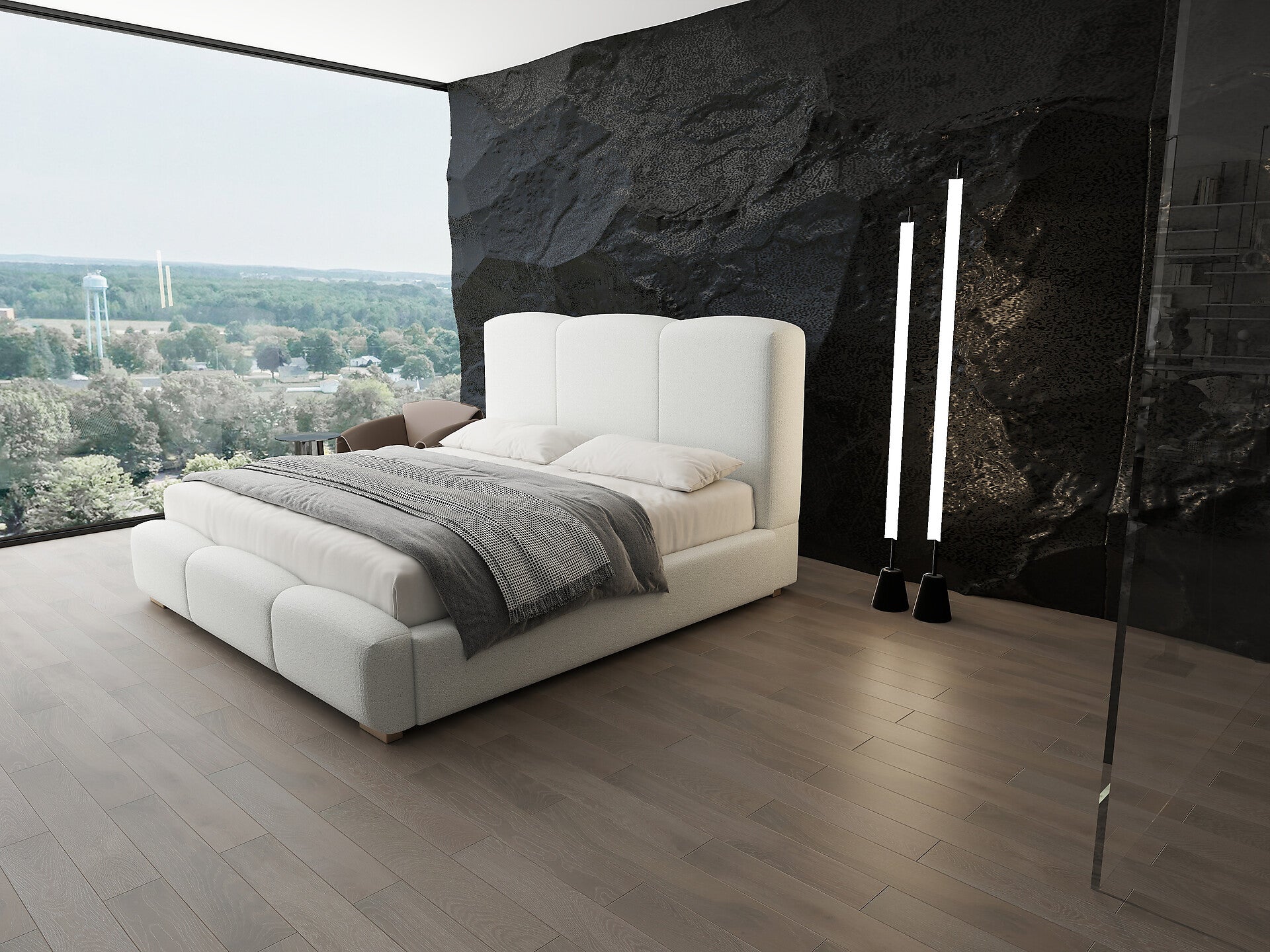 Pat dormitor dumonde, tapitat alb, Havana 180x200 cm, somiera rabatabila inclusa, spatiu depozitare