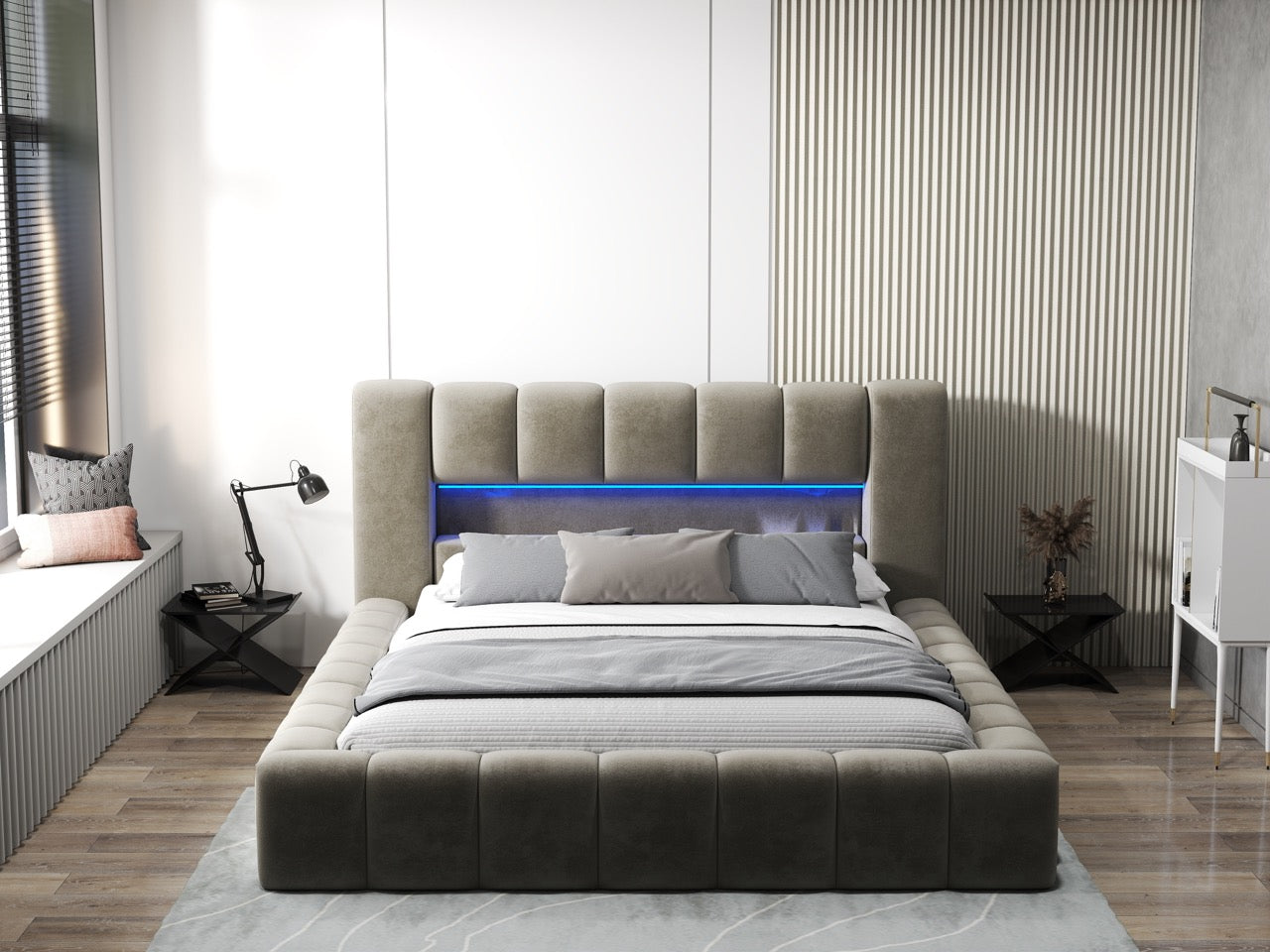 Pat dormitor dumonde, tapitat bej cu LED si USB, Palermo 160x200 cm, somiera rabatabila inclusa, spatiu depozitare WLS