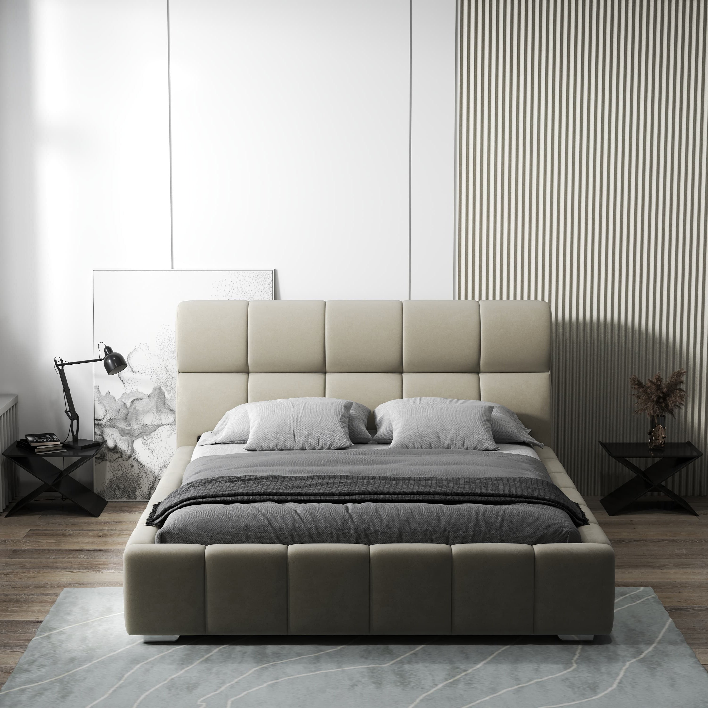 Pat dormitor dumonde, tapitat bej, Prestige 160x200 cm, somiera rabatabila inclusa, spatiu depozitare