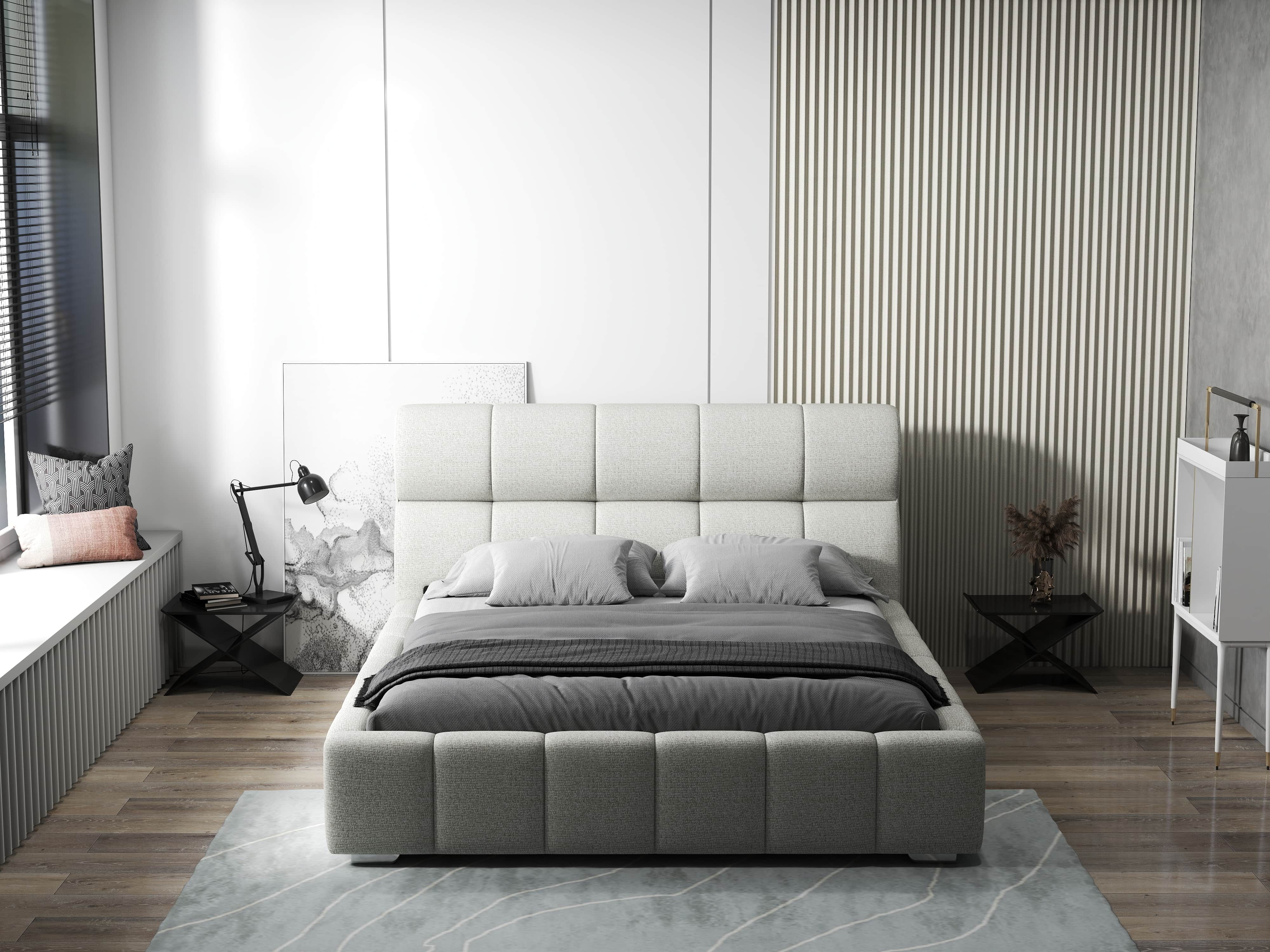 Pat dormitor dumonde, tapitat bej, Prestige 180x200 cm, somiera rabatabila inclusa, spatiu depozitare