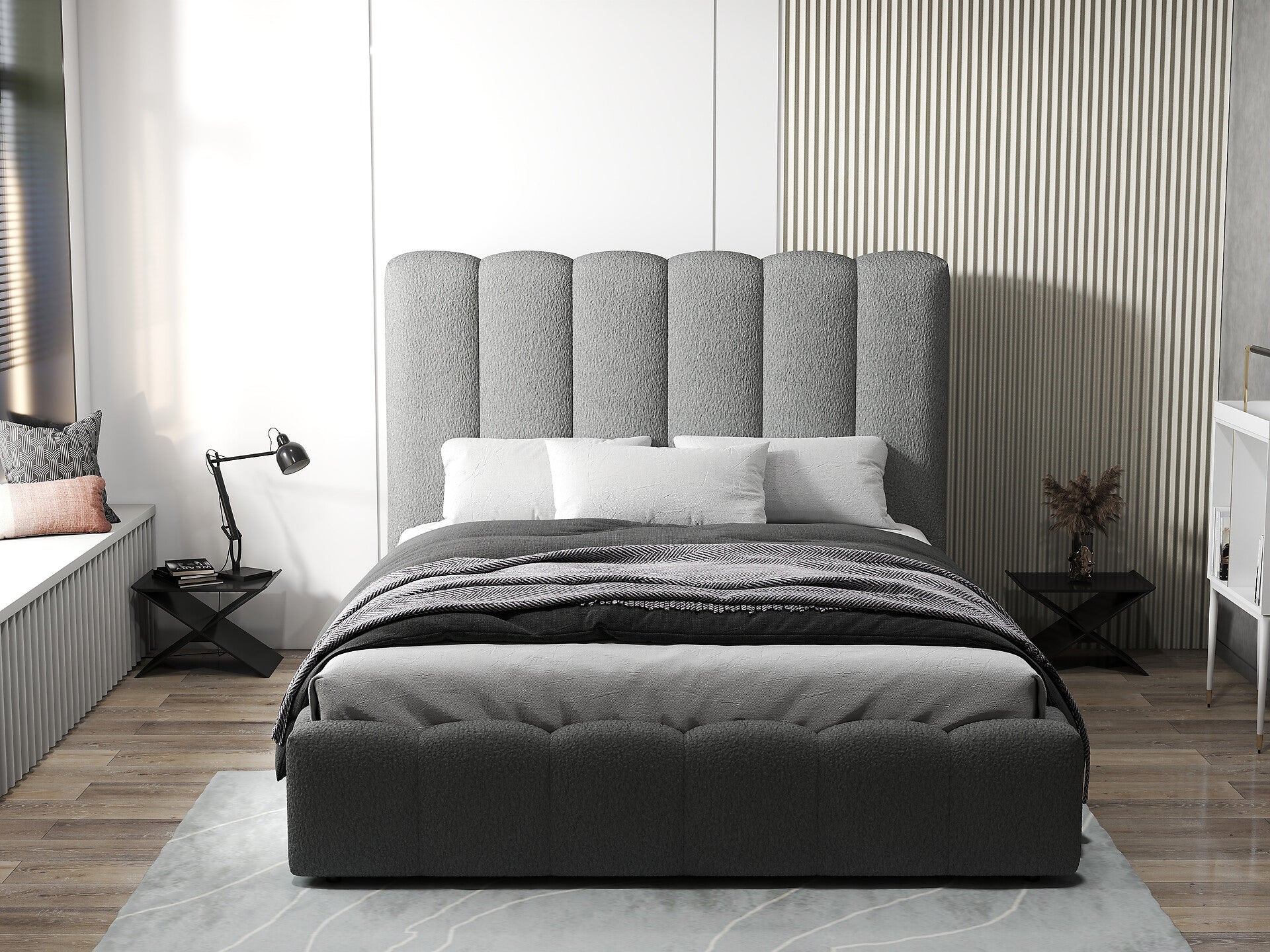 Pat dormitor dumonde, tapitat gri, Milano 140x200 cm, somiera rabatabila inclusa, spatiu depozitare