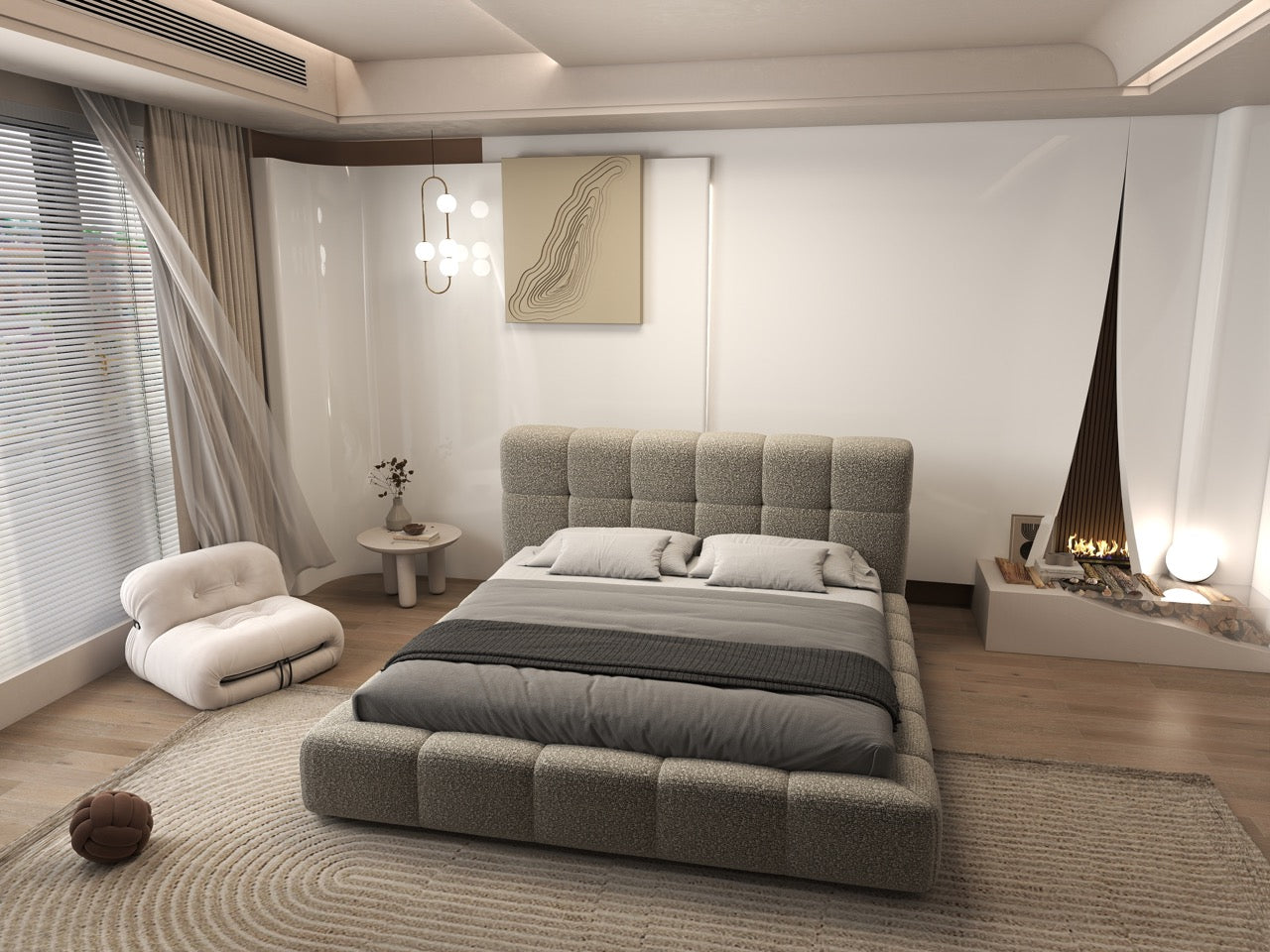 Pat dormitor dumonde, tapitat bej, Lorenzo 160x200 cm, somiera rabatabila inclusa, spatiu depozitare WLS