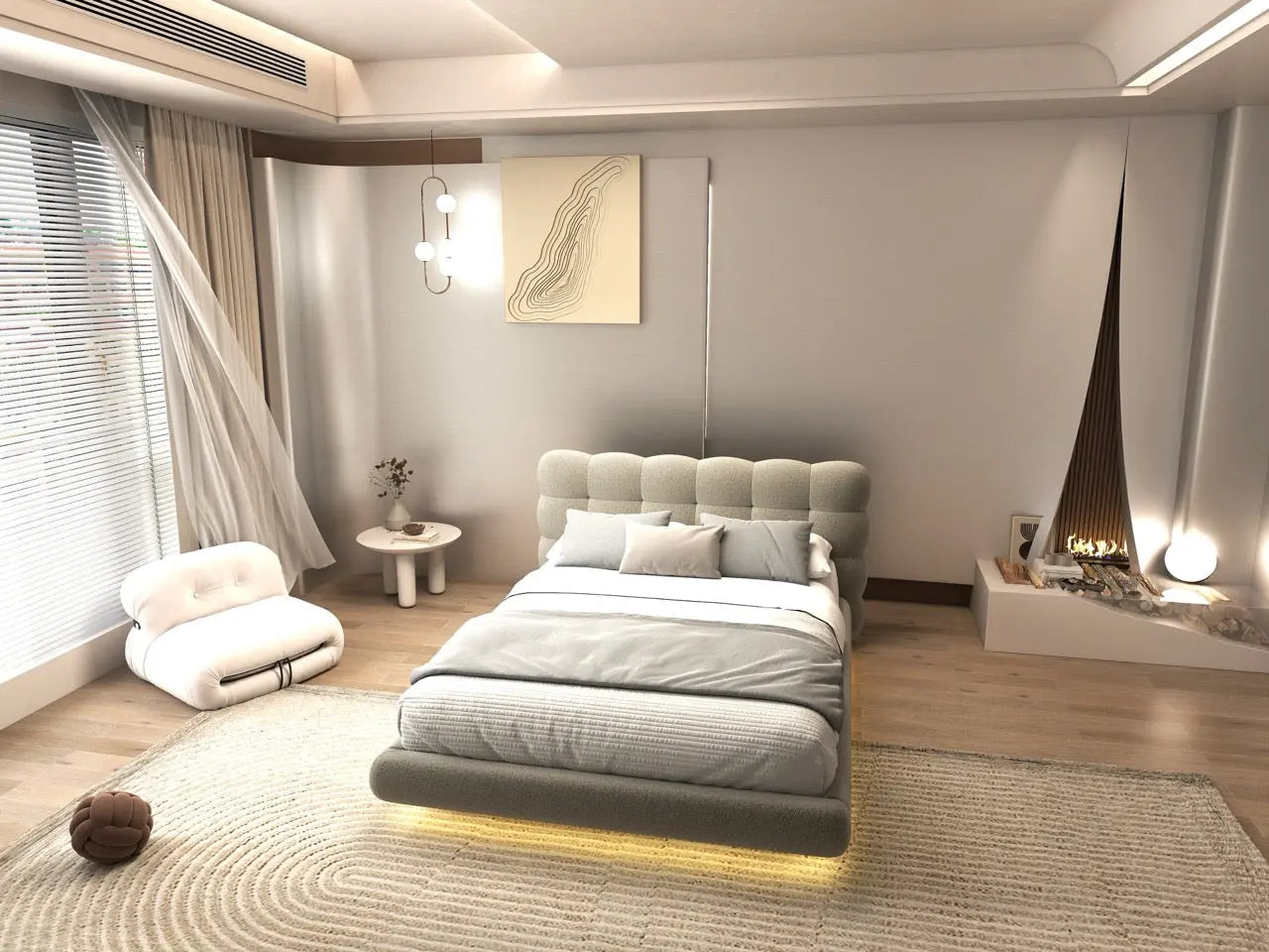 Pat dormitor dumonde, tapitat bej cu LED, "floating bed" Cloud 160x200 cm, somiera inclusa WLS