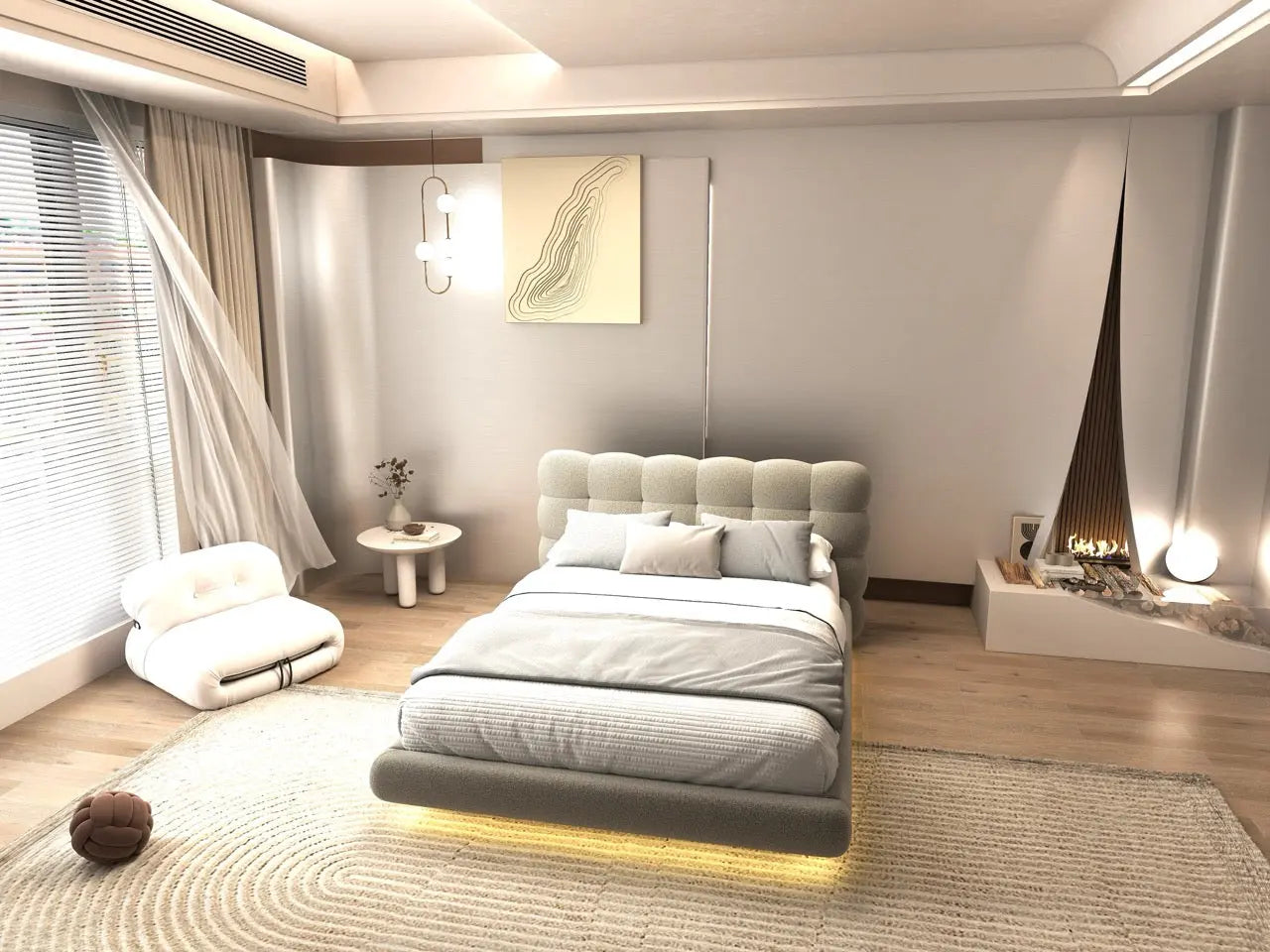 Pat dormitor dumonde, tapitat bej cu LED, "floating bed" Cloud 160x200 cm, somiera inclusa WLS