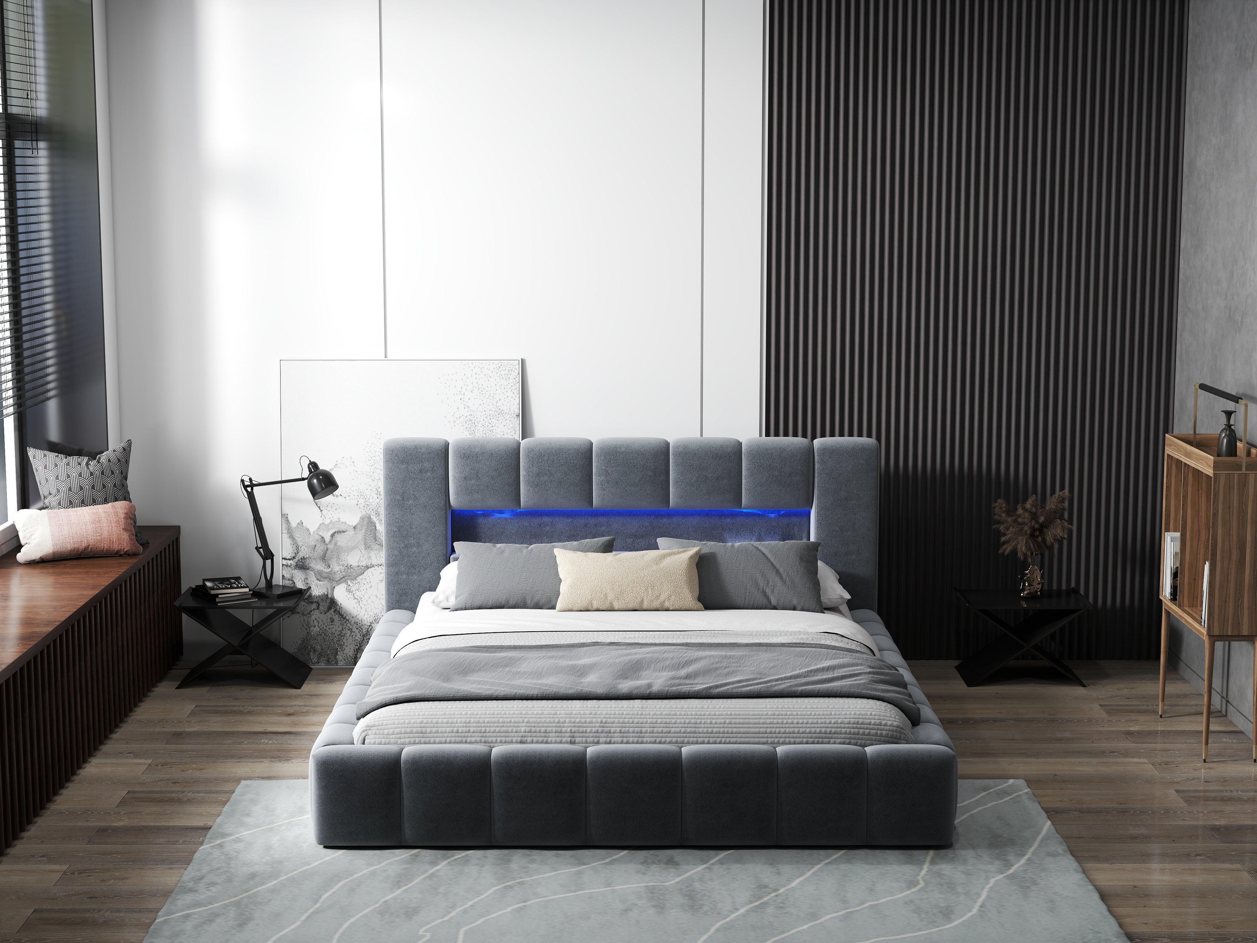 Pat dormitor dumonde, tapitat gri cu LED si USB, Palermo 180x200 cm, somiera rabatabila inclusa, spatiu depozitare WLS