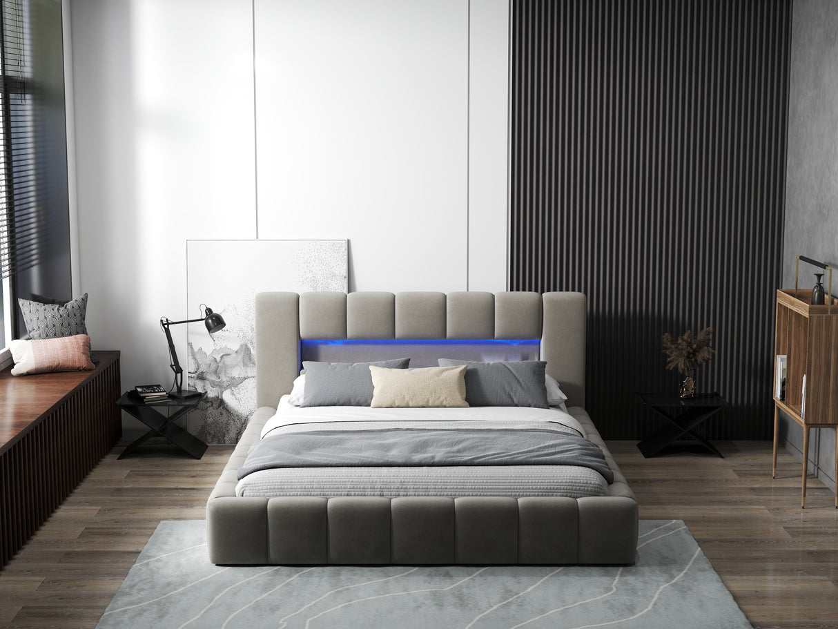 Pat dormitor dumonde, tapitat bej cu LED si USB, Palermo 140x200 cm, somiera rabatabila inclusa, spatiu depozitare