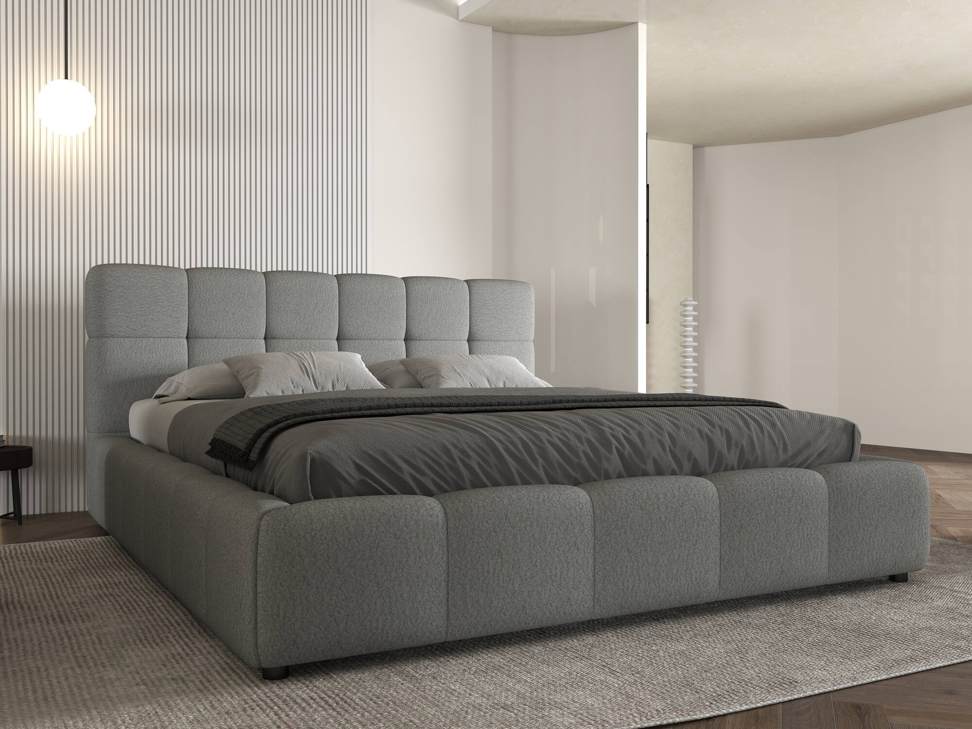 Pat dormitor dumonde, tapitat gri, Lorenzo 180X200 cm, somiera rabatabila inclusa, spatiu depozitare