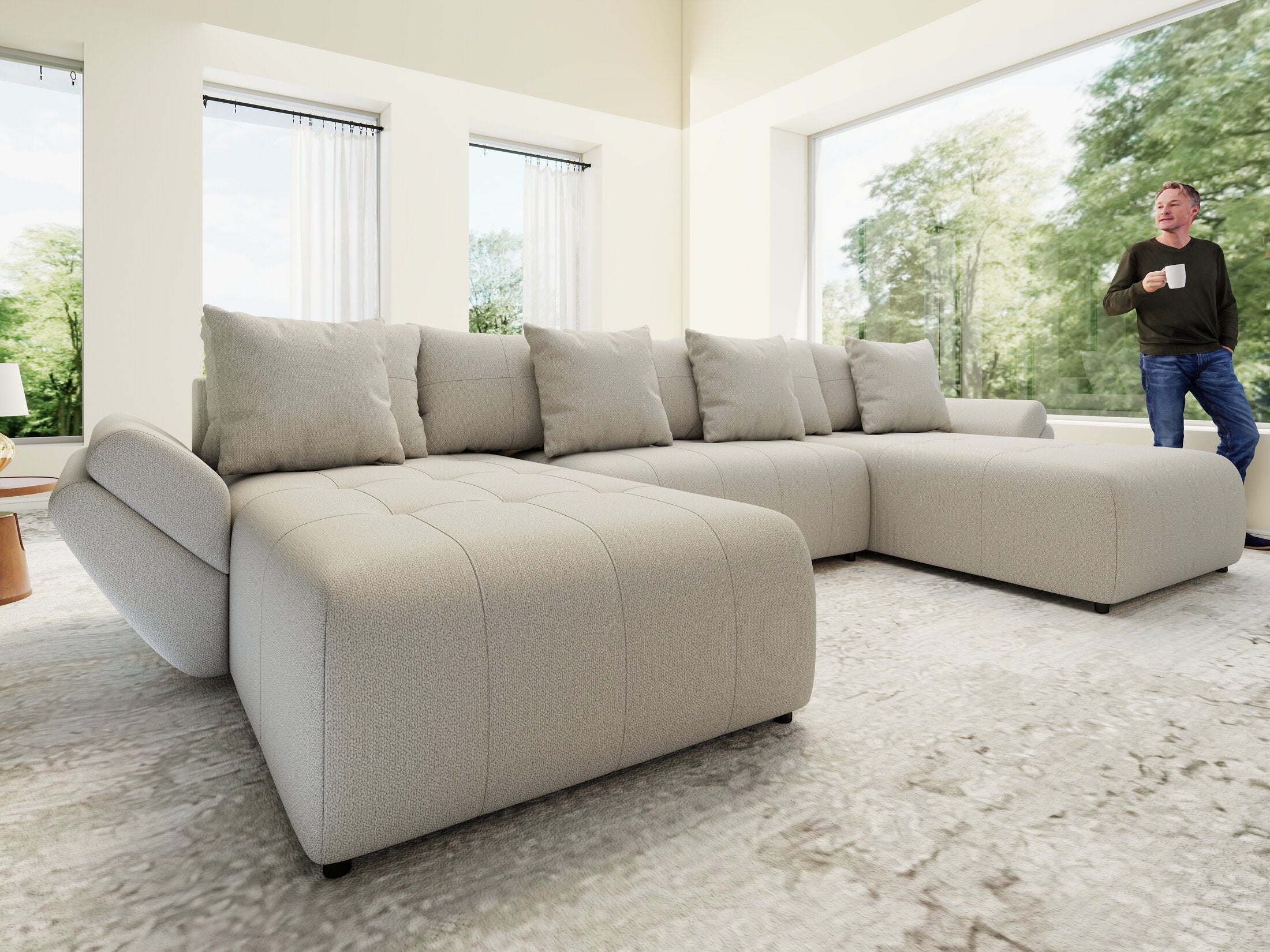 Colțar extensibil dumonde cu ladă de depozitare si sezut confortabil din spuma HR, Berlin U Enjoy Bej 380x180 cm