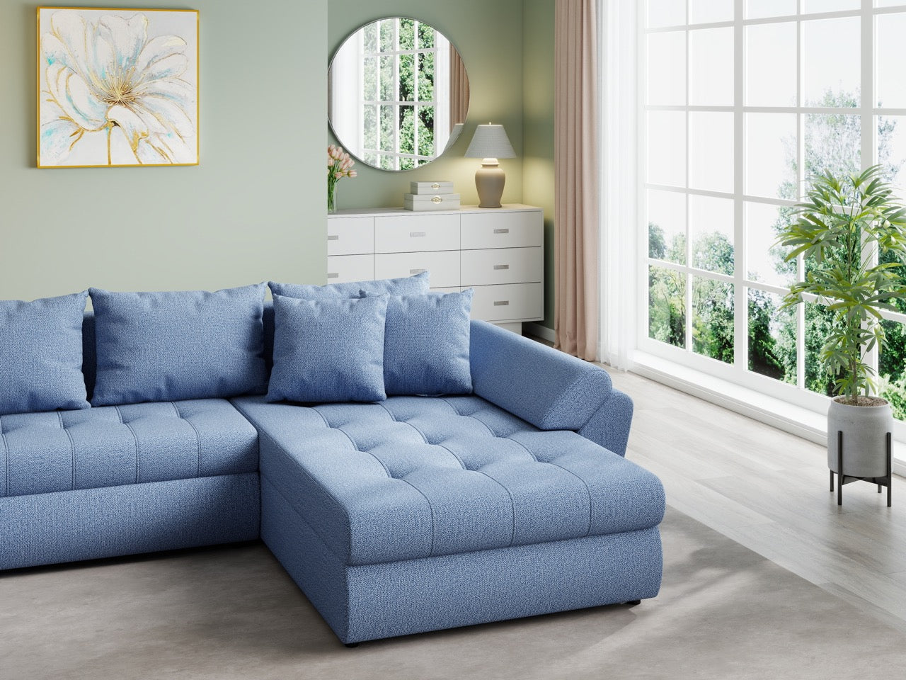 Colțar extensibil  dumonde cu ladă de depozitare si sezut confortabil din spuma HR, Loana U Enjoy Blue 355x185 cm