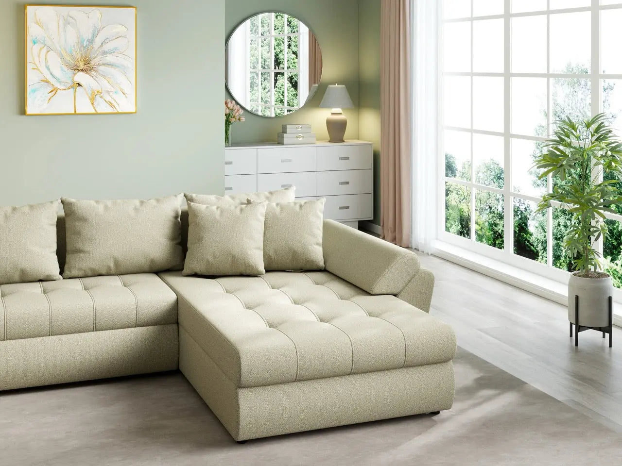 Colțar extensibil dumonde cu ladă de depozitare si sezut confortabil din spuma HR, Loana U Enjoy Camel 355x185 cm Fabrica