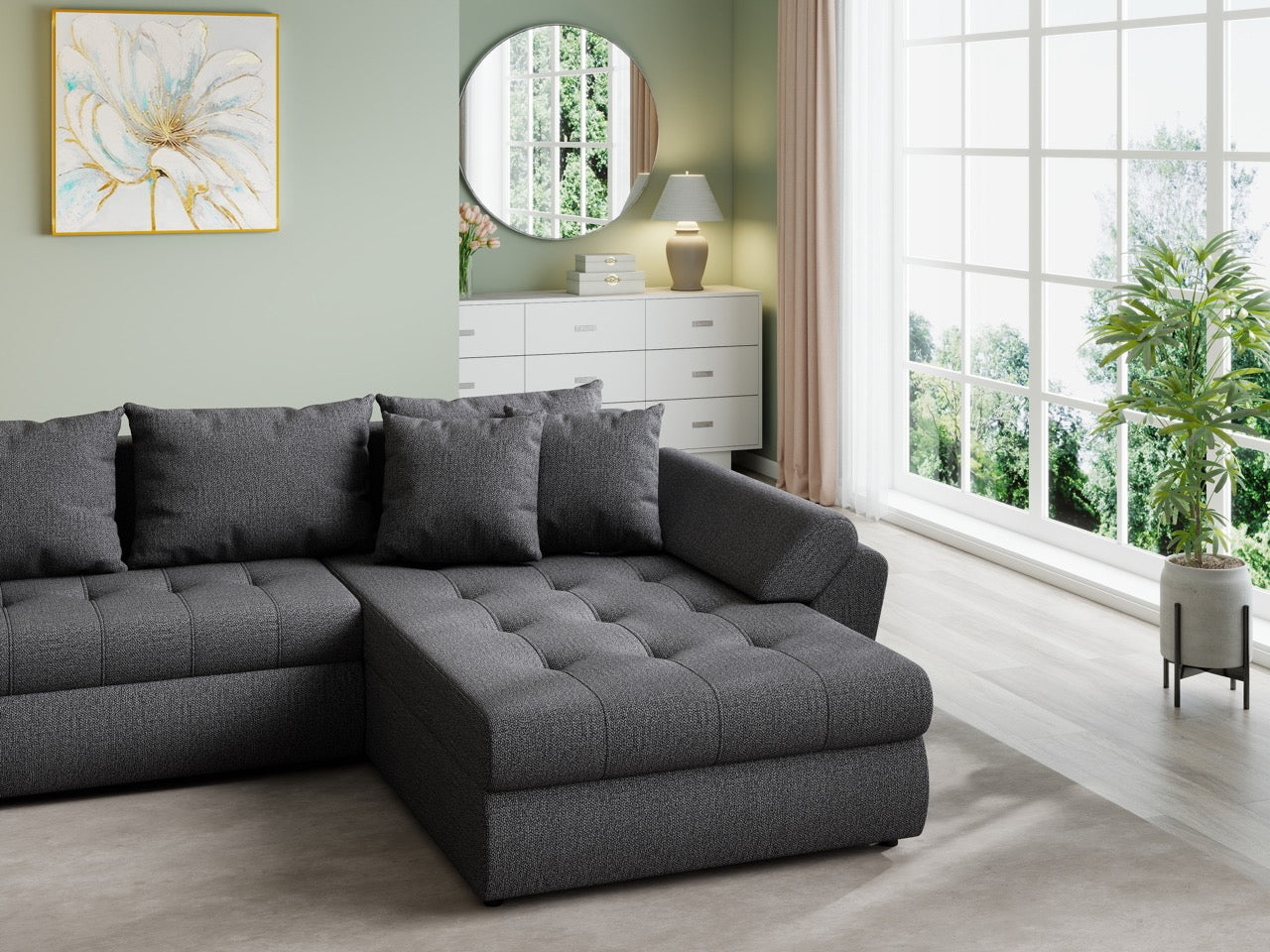 Colțar extensibil dumonde cu ladă de depozitare si sezut confortabil din spuma HR, Loana U Enjoy Grafit 355x185 cm