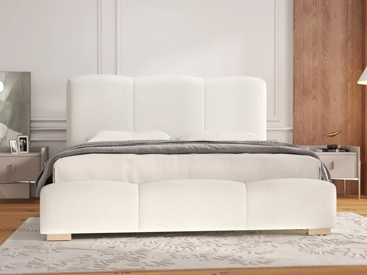 Pat dormitor dumonde, tapitat alb, Havana 140x200 cm, somiera rabatabila inclusa, spatiu depozitare WLS