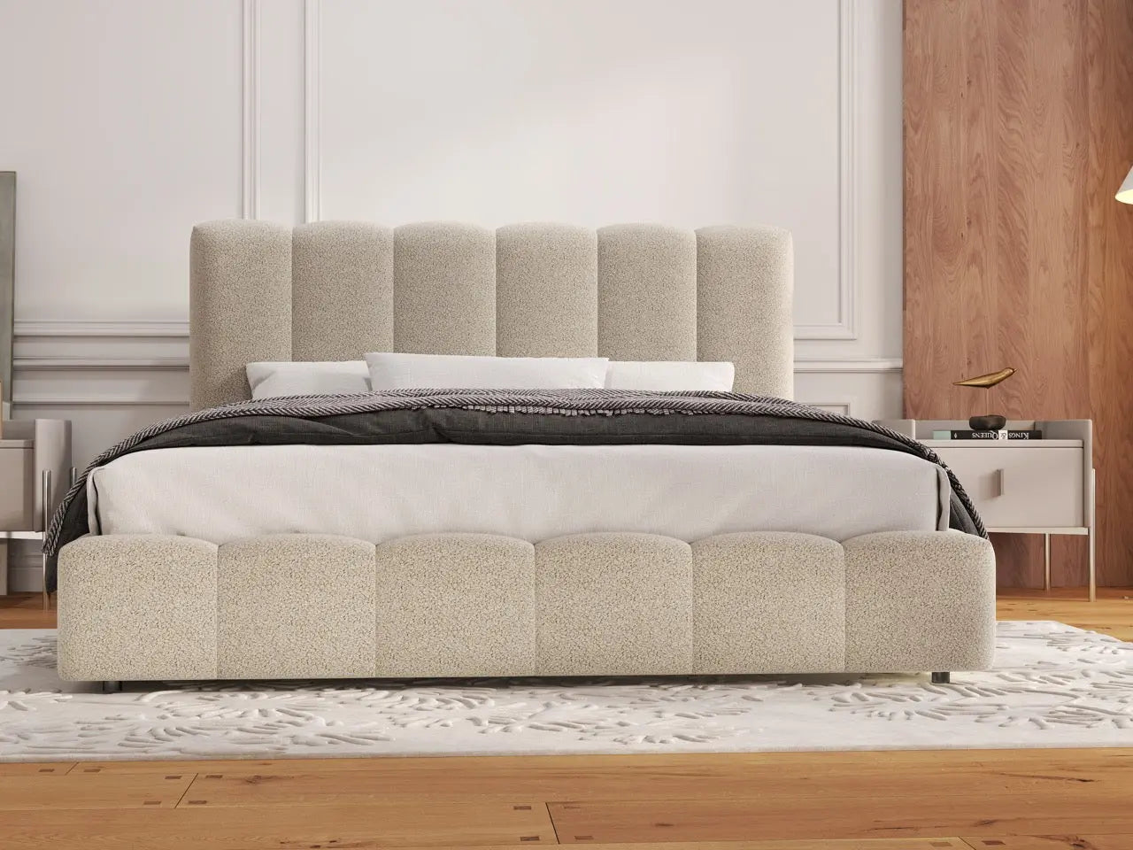 Pat dormitor dumonde, tapitat bej, Milano 180x200 cm, somiera rabatabila inclusa, spatiu depozitare WLS