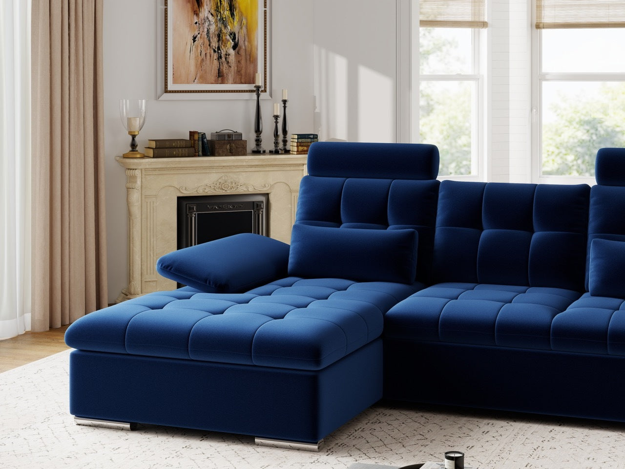 Colțar extensibil dumonde cu ladă de depozitare și șezut confortabil din spumă HR, Merkur Royal Albastru Navy 270x168 cm